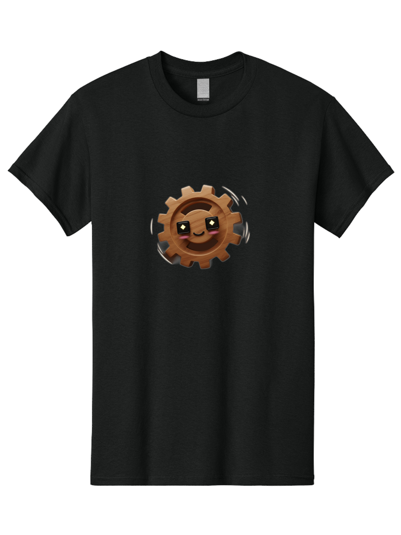 Smiling-Gear Men'S Graphic Tee, 100% Cotton, Comfortable Casual Summer Wear, Machine Washable, Wooden Gear Character, Smiling Face, Diamond Eyes, Dynamic Motion, Cartoon Style, Playful Mechanism, Machinery Personification, Tech-Inspired Art Bad640