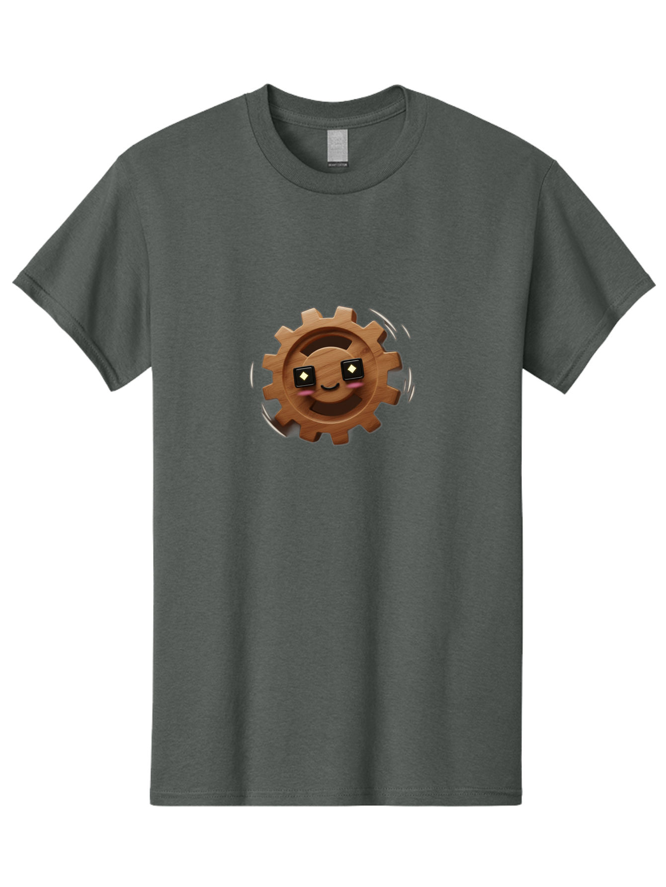 Smiling-Gear Men'S Graphic Tee, 100% Cotton, Comfortable Casual Summer Wear, Machine Washable, Wooden Gear Character, Smiling Face, Diamond Eyes, Dynamic Motion, Cartoon Style, Playful Mechanism, Machinery Personification, Tech-Inspired Art Bad640