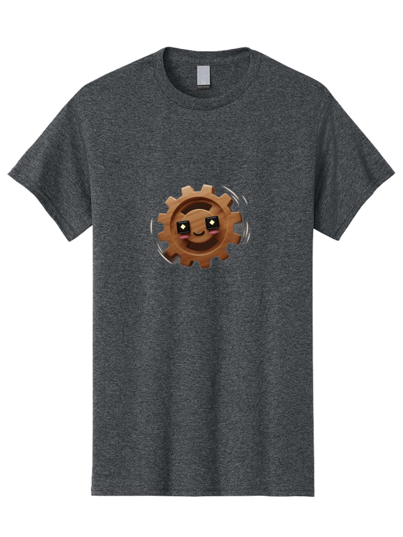 Smiling-Gear Men'S Graphic Tee, 100% Cotton, Comfortable Casual Summer Wear, Machine Washable, Wooden Gear Character, Smiling Face, Diamond Eyes, Dynamic Motion, Cartoon Style, Playful Mechanism, Machinery Personification, Tech-Inspired Art Bad640
