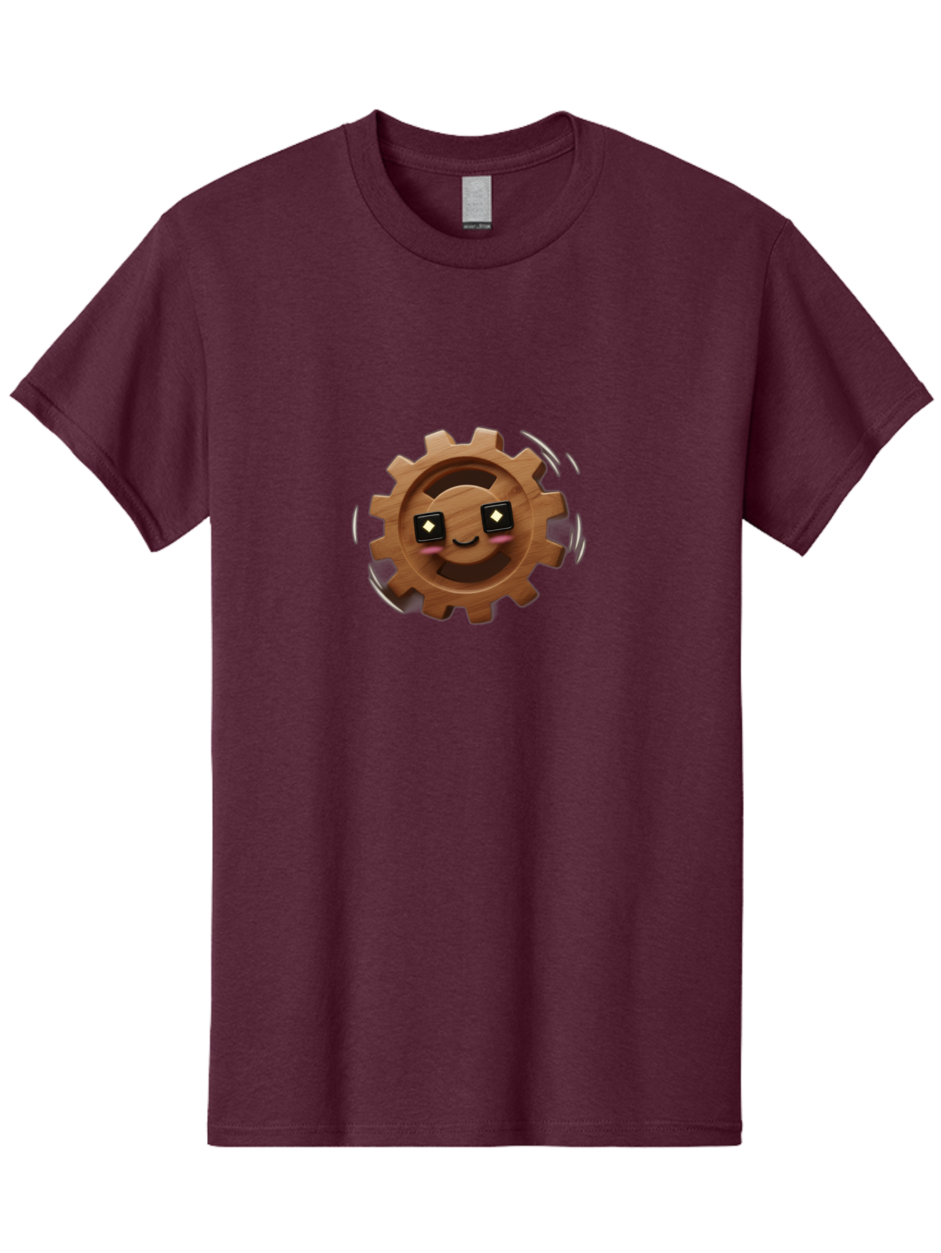 Smiling-Gear Men'S Graphic Tee, 100% Cotton, Comfortable Casual Summer Wear, Machine Washable, Wooden Gear Character, Smiling Face, Diamond Eyes, Dynamic Motion, Cartoon Style, Playful Mechanism, Machinery Personification, Tech-Inspired Art Bad640