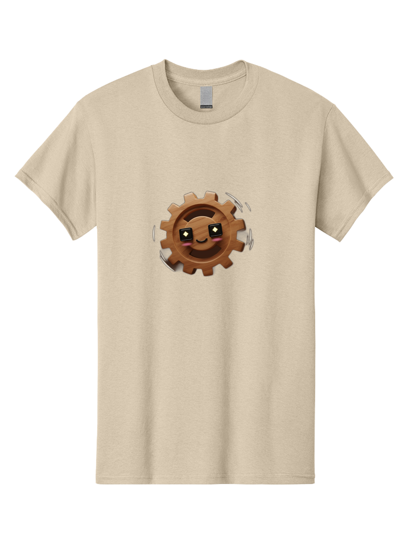 Smiling-Gear Men'S Graphic Tee, 100% Cotton, Comfortable Casual Summer Wear, Machine Washable, Wooden Gear Character, Smiling Face, Diamond Eyes, Dynamic Motion, Cartoon Style, Playful Mechanism, Machinery Personification, Tech-Inspired Art Bad640