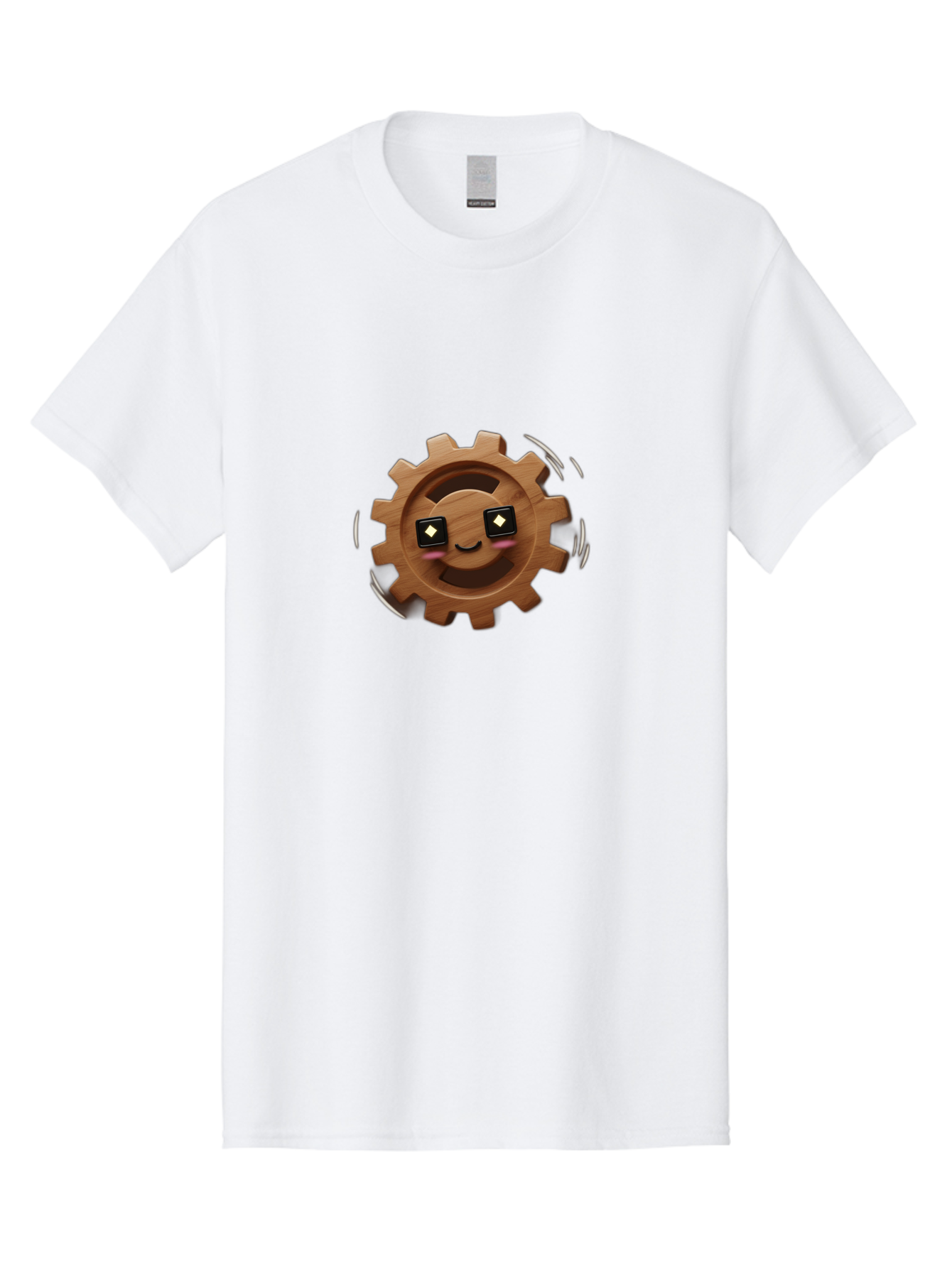 Smiling-Gear Men'S Graphic Tee, 100% Cotton, Comfortable Casual Summer Wear, Machine Washable, Wooden Gear Character, Smiling Face, Diamond Eyes, Dynamic Motion, Cartoon Style, Playful Mechanism, Machinery Personification, Tech-Inspired Art Bad640
