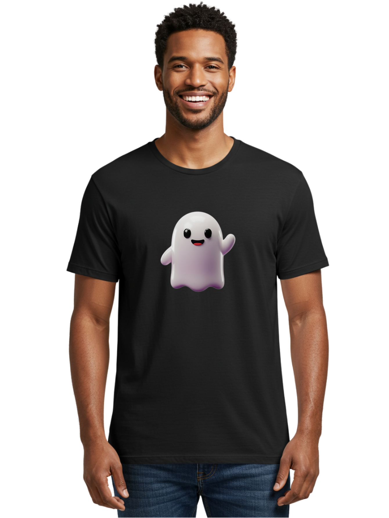 Smiling-Ghost-1 Men'S Graphic Tee, 100% Cotton, Comfortable Casual Summer Wear, Machine Washable, Cartoon Ghost, White Character, Smiling Face, Black Eyes, Little Arms, Cute Emoji, Digital Illustration, Friendly Spirit, 3D Rendering, Bad641