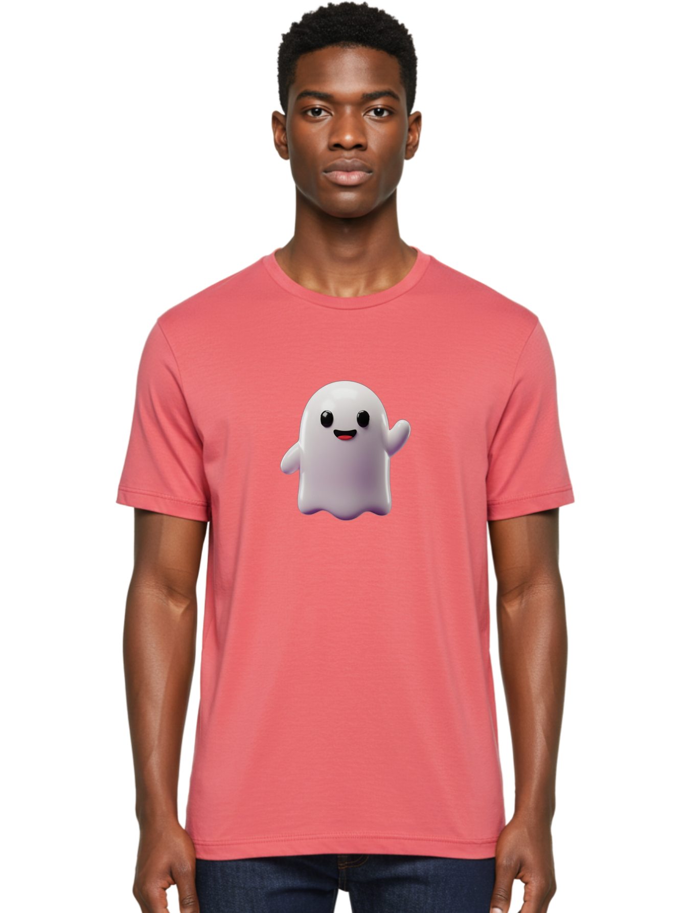 Smiling-Ghost-1 Men'S Graphic Tee, 100% Cotton, Comfortable Casual Summer Wear, Machine Washable, Cartoon Ghost, White Character, Smiling Face, Black Eyes, Little Arms, Cute Emoji, Digital Illustration, Friendly Spirit, 3D Rendering, Bad641