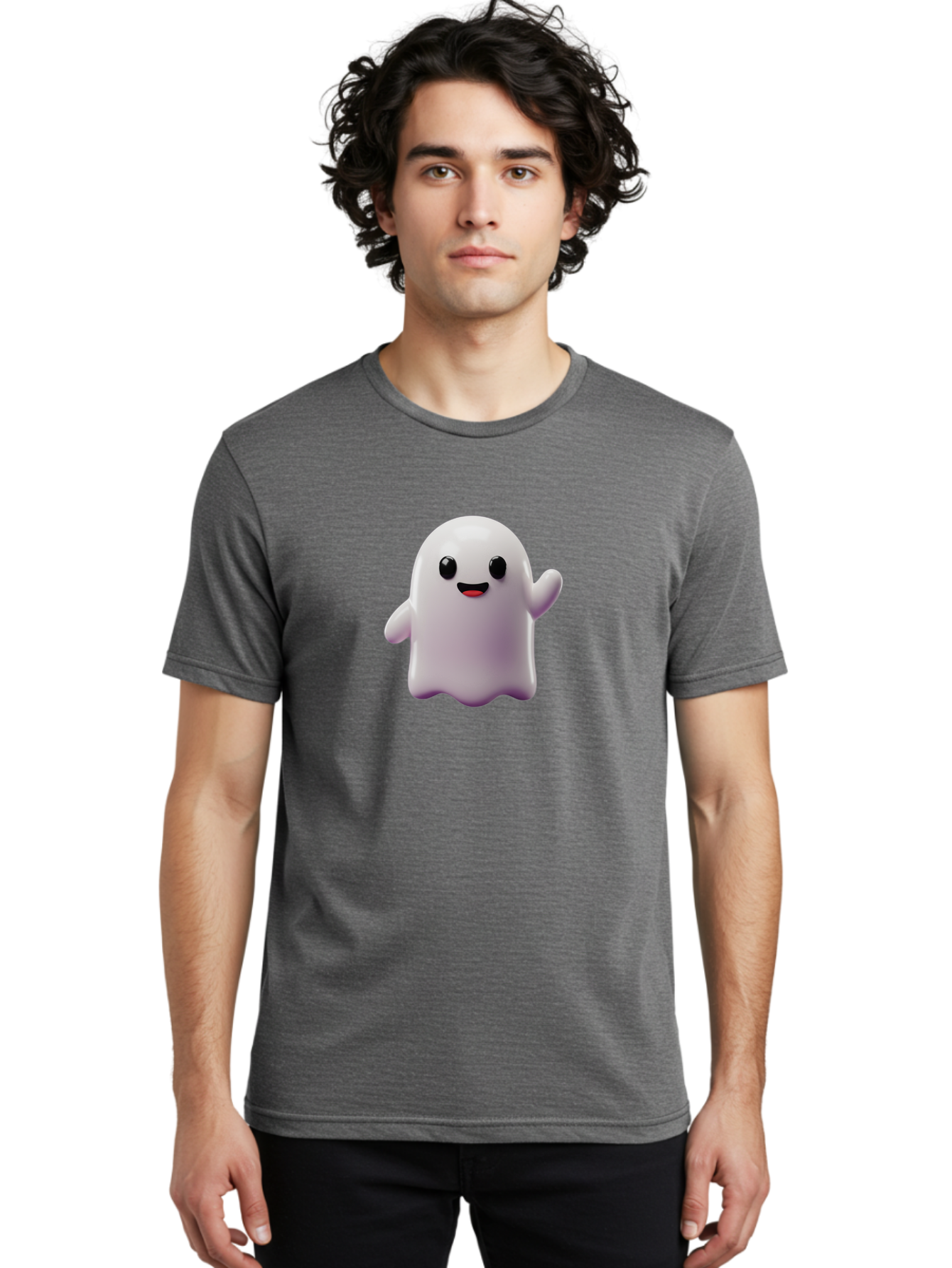 Smiling-Ghost-1 Men'S Graphic Tee, 100% Cotton, Comfortable Casual Summer Wear, Machine Washable, Cartoon Ghost, White Character, Smiling Face, Black Eyes, Little Arms, Cute Emoji, Digital Illustration, Friendly Spirit, 3D Rendering, Bad641