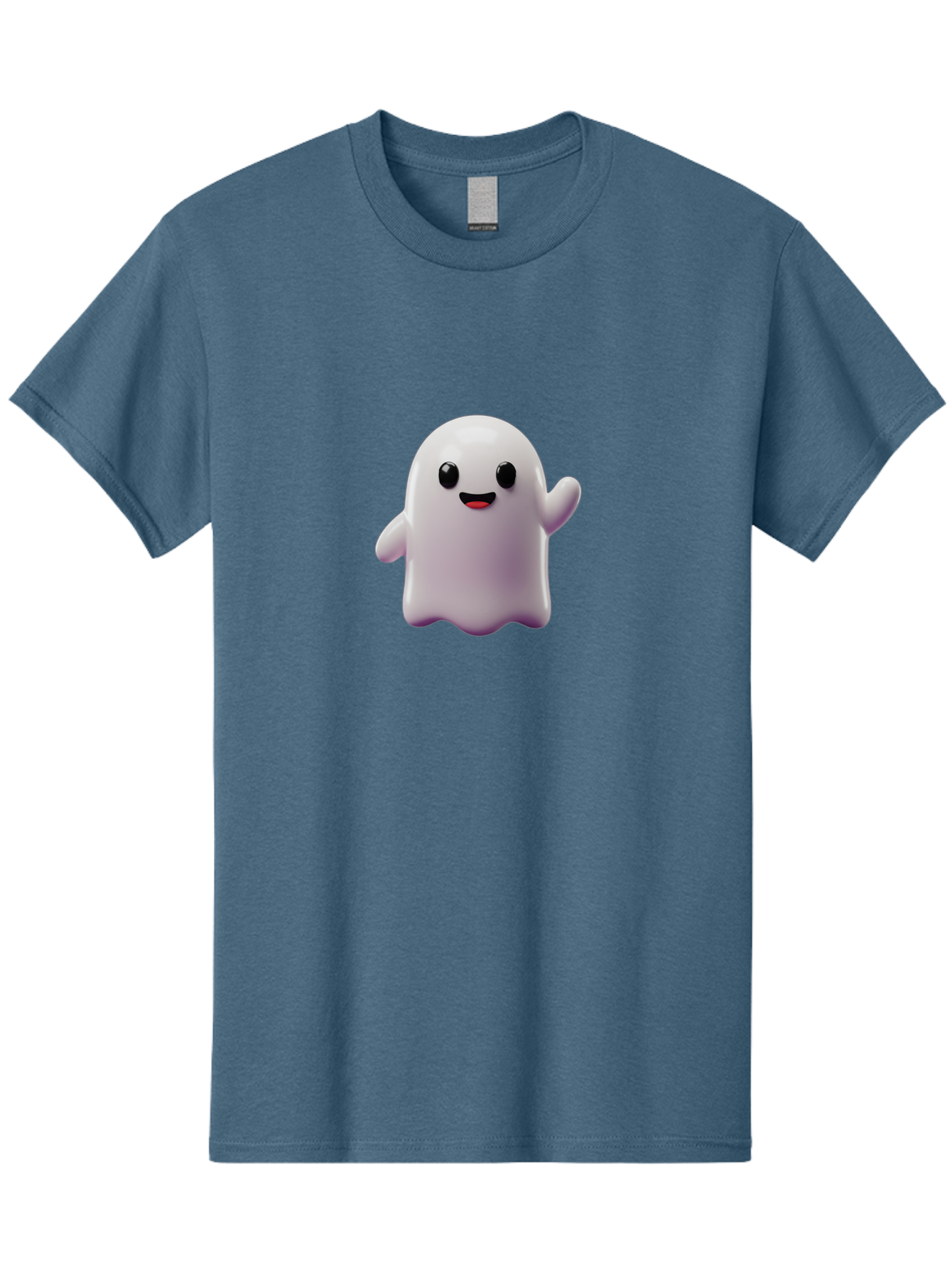 Smiling-Ghost-1 Men'S Graphic Tee, 100% Cotton, Comfortable Casual Summer Wear, Machine Washable, Cartoon Ghost, White Character, Smiling Face, Black Eyes, Little Arms, Cute Emoji, Digital Illustration, Friendly Spirit, 3D Rendering, Bad641