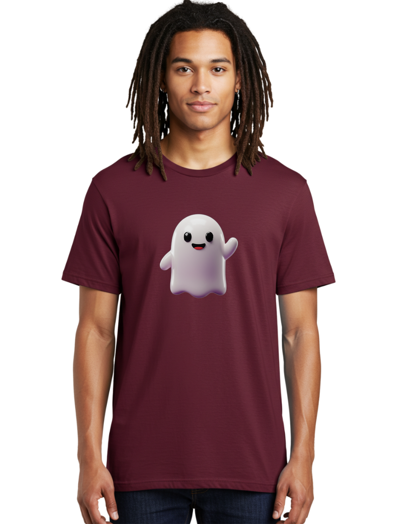 Smiling-Ghost-1 Men'S Graphic Tee, 100% Cotton, Comfortable Casual Summer Wear, Machine Washable, Cartoon Ghost, White Character, Smiling Face, Black Eyes, Little Arms, Cute Emoji, Digital Illustration, Friendly Spirit, 3D Rendering, Bad641