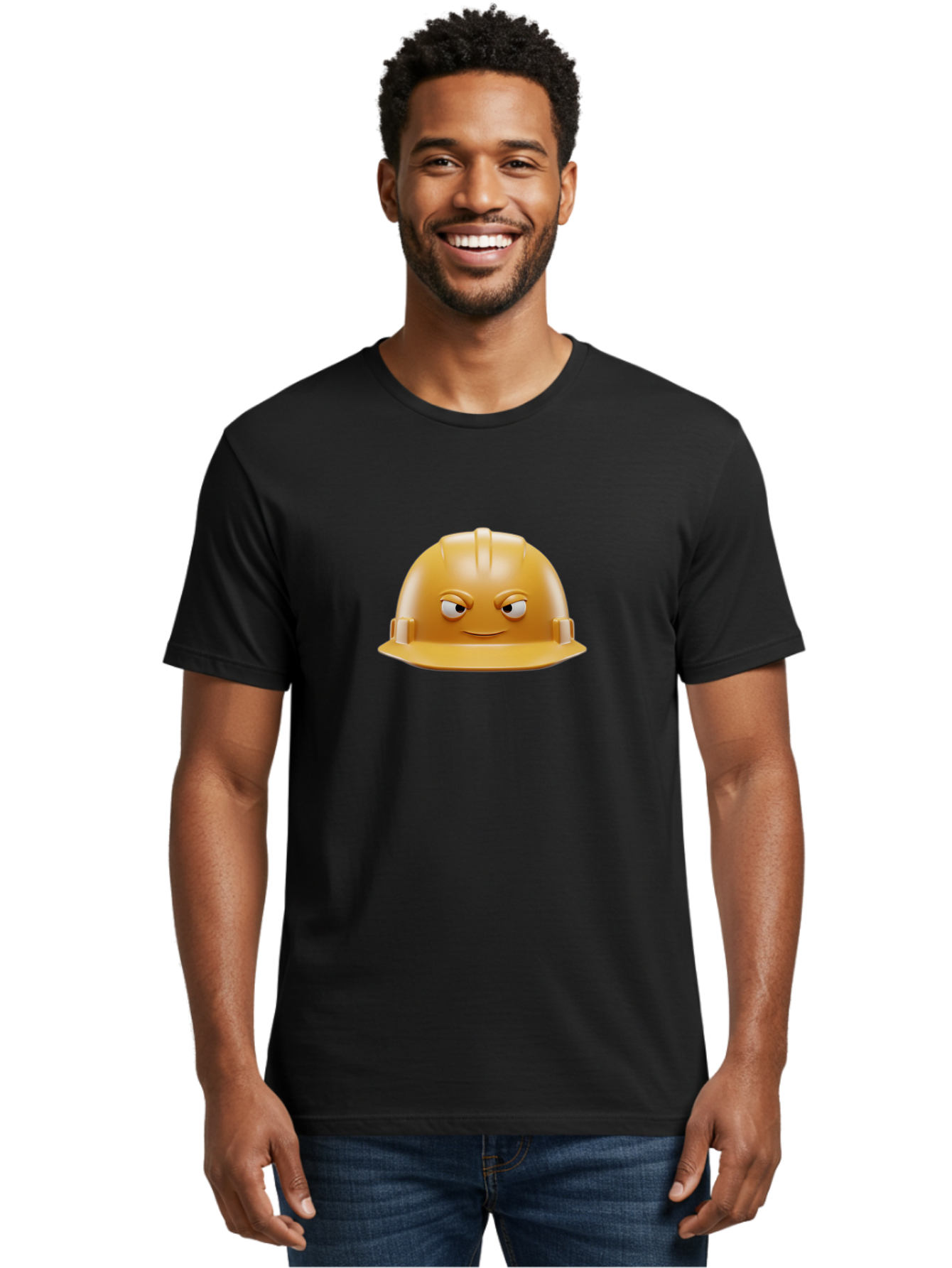 Smiling-Hard-Hat-1 Men'S Graphic Tee, 100% Cotton, Comfortable Casual Summer Wear, Machine Washable, Construction Hard Hat, Safety Helmet, Cartoon Character, Funny Face, Smiling Eyes, Building Industry, Workplace Safety, Security Gear, Bad643