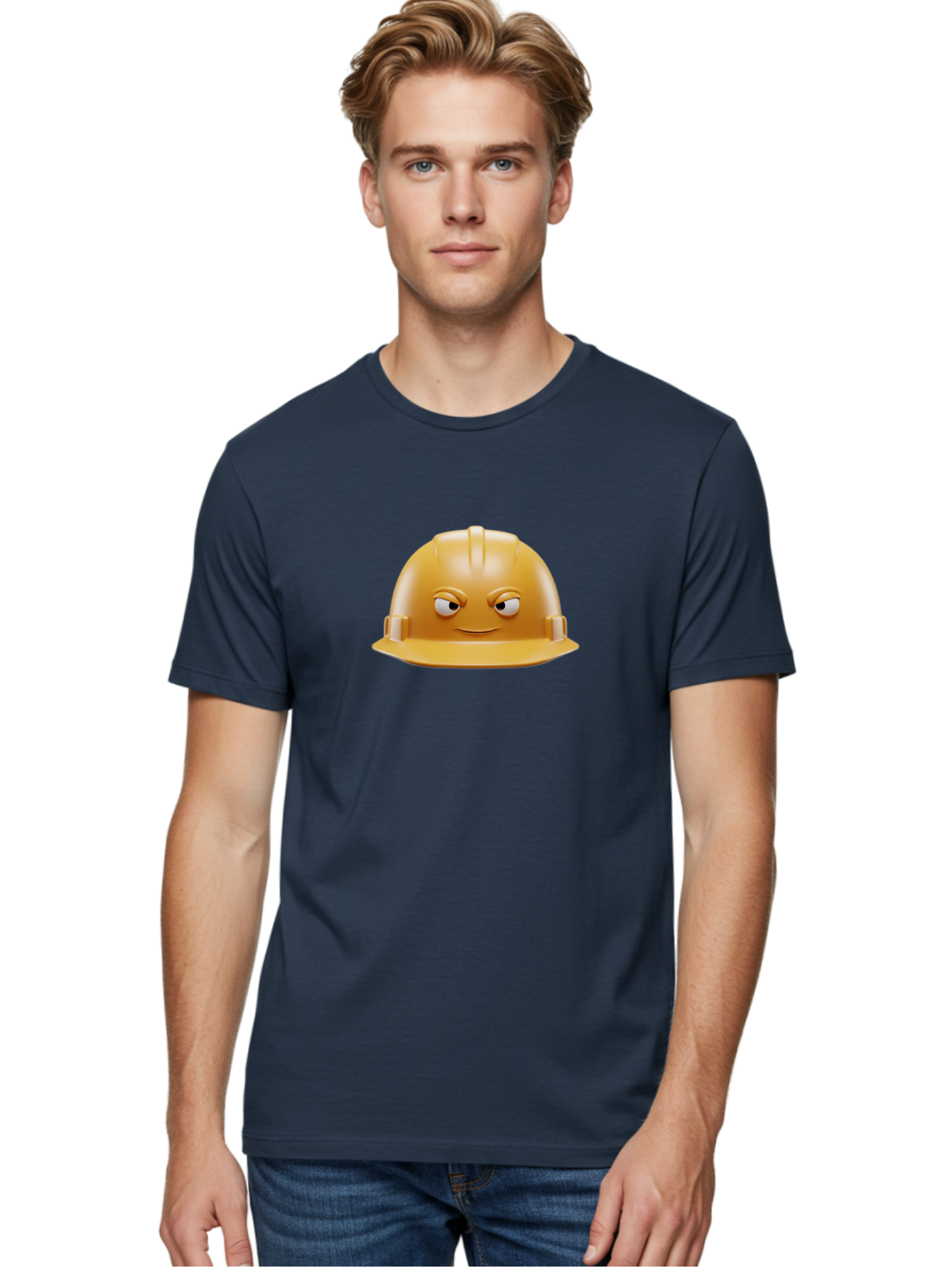 Smiling-Hard-Hat-1 Men'S Graphic Tee, 100% Cotton, Comfortable Casual Summer Wear, Machine Washable, Construction Hard Hat, Safety Helmet, Cartoon Character, Funny Face, Smiling Eyes, Building Industry, Workplace Safety, Security Gear, Bad643