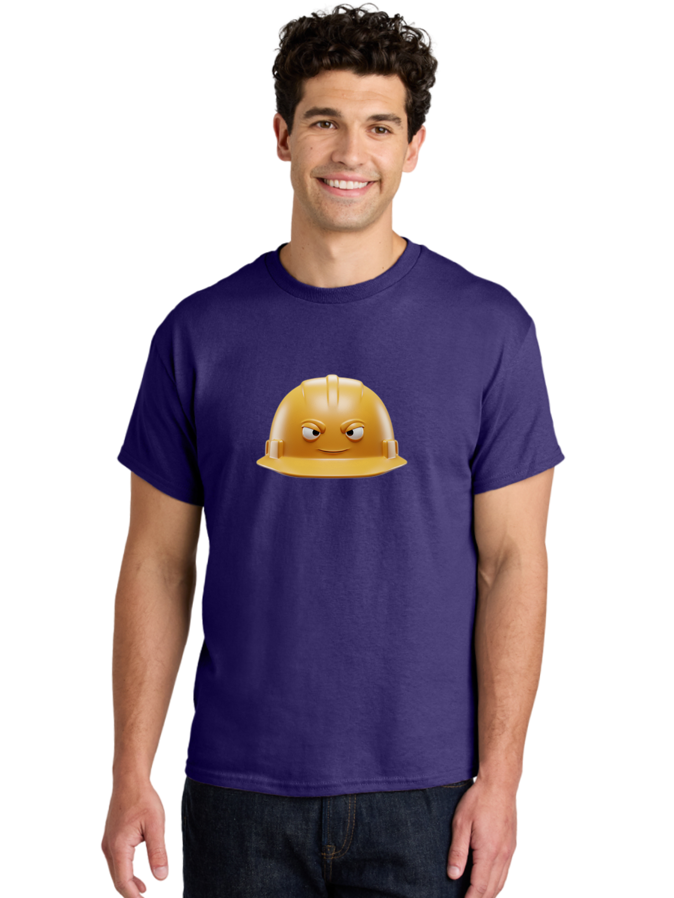 Smiling-Hard-Hat-1 Men'S Graphic Tee, 100% Cotton, Comfortable Casual Summer Wear, Machine Washable, Construction Hard Hat, Safety Helmet, Cartoon Character, Funny Face, Smiling Eyes, Building Industry, Workplace Safety, Security Gear, Bad643