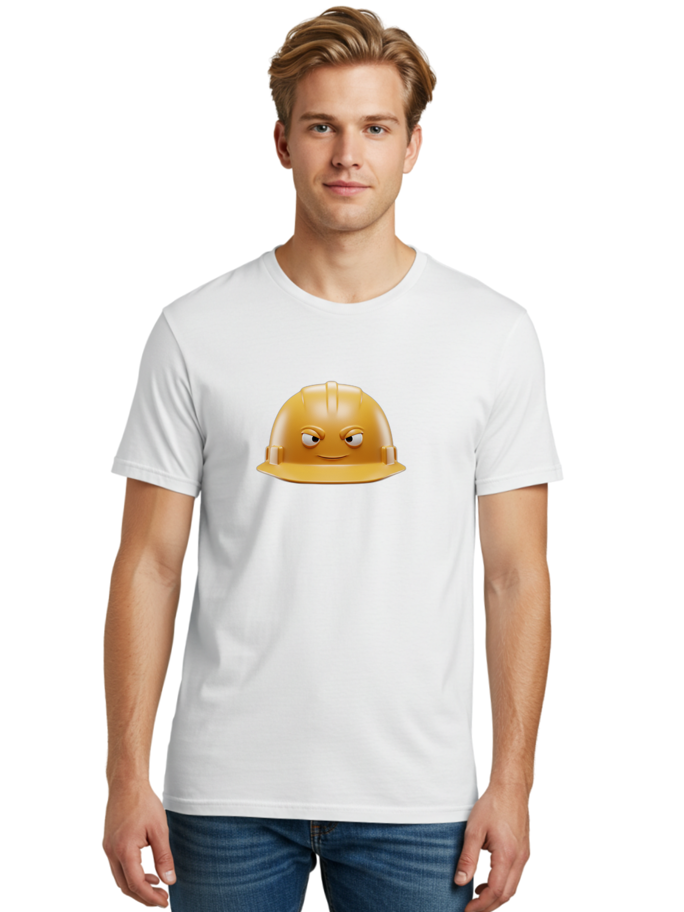 Smiling-Hard-Hat-1 Men'S Graphic Tee, 100% Cotton, Comfortable Casual Summer Wear, Machine Washable, Construction Hard Hat, Safety Helmet, Cartoon Character, Funny Face, Smiling Eyes, Building Industry, Workplace Safety, Security Gear, Bad643