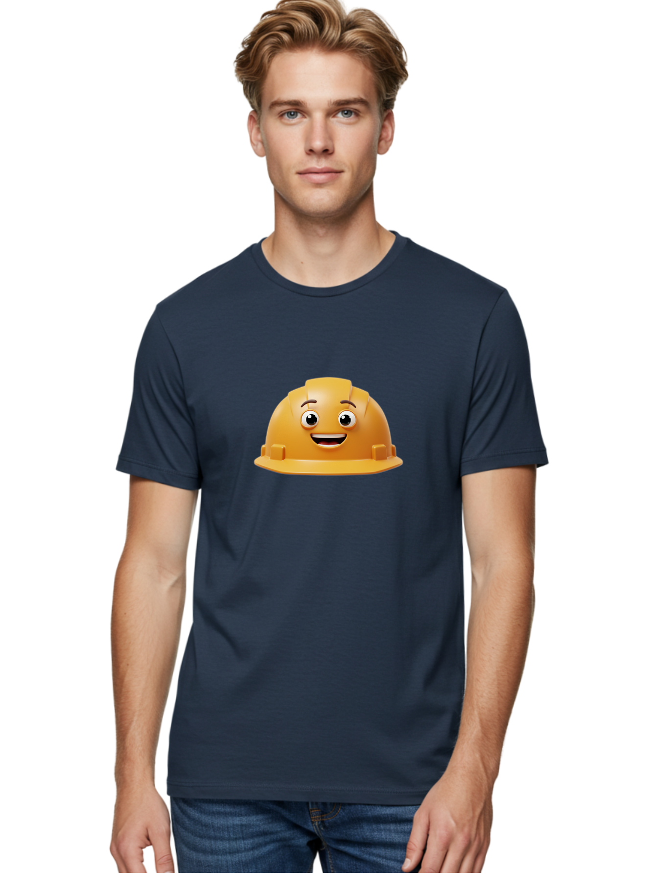 Smiling-Hard-Hat Men'S Graphic Tee, 100% Cotton, Comfortable Casual Summer Wear, Machine Washable, Safety Helmet, Hard Hat, Cartoon Character, Smiling Face, Construction Worker, Occupational Safety, Protective Gear, 3D Illustration Bad644