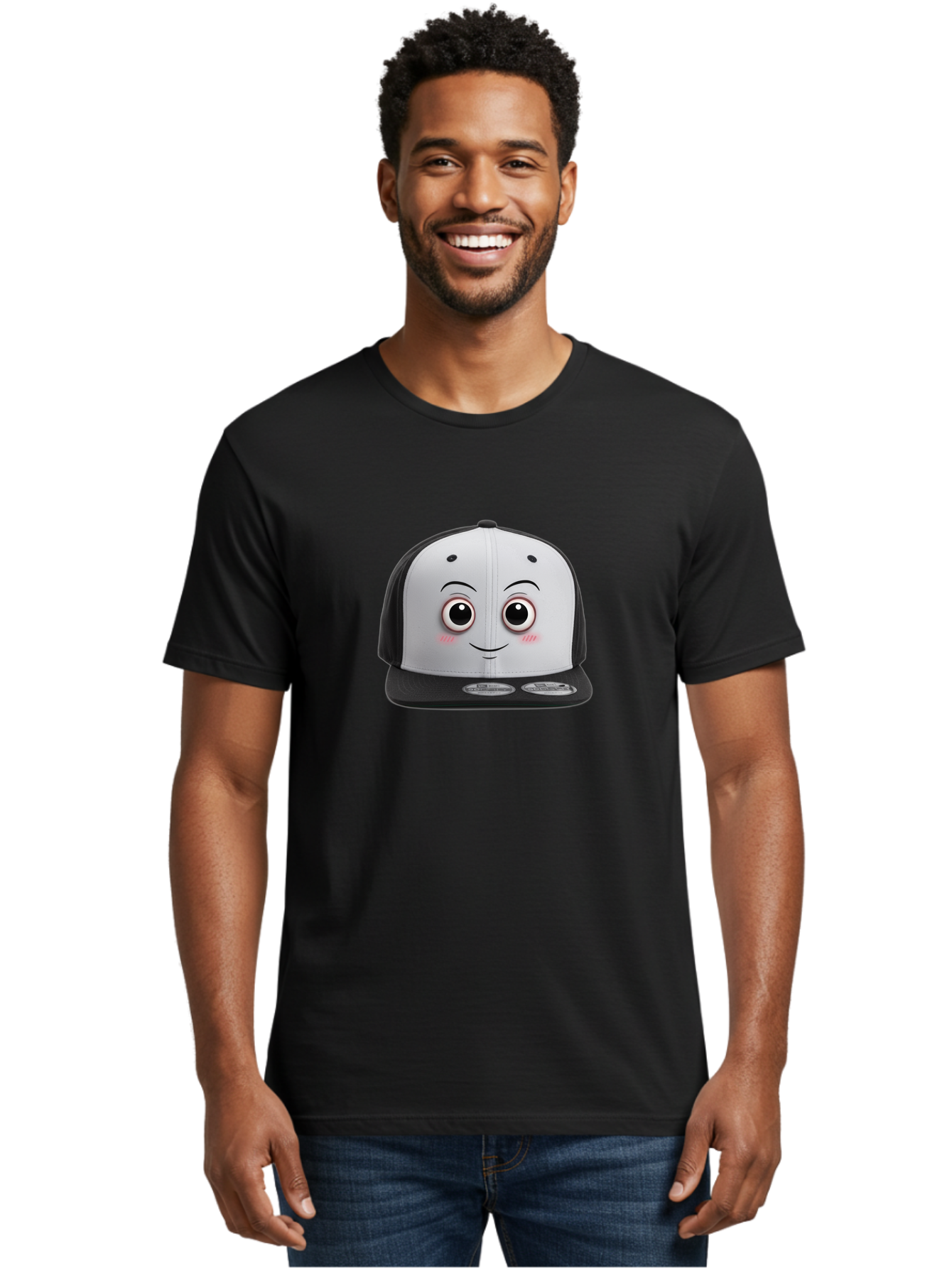 Smiling-Hat Men'S Graphic Tee, 100% Cotton, Comfortable Casual Summer Wear, Machine Washable, Thomas The Tank Engine Hat, Train-Themed Apparel, Black And White Baseball Cap, Cartoon Character Hat, Adorable Face, Eye-Catching Design, Bad645