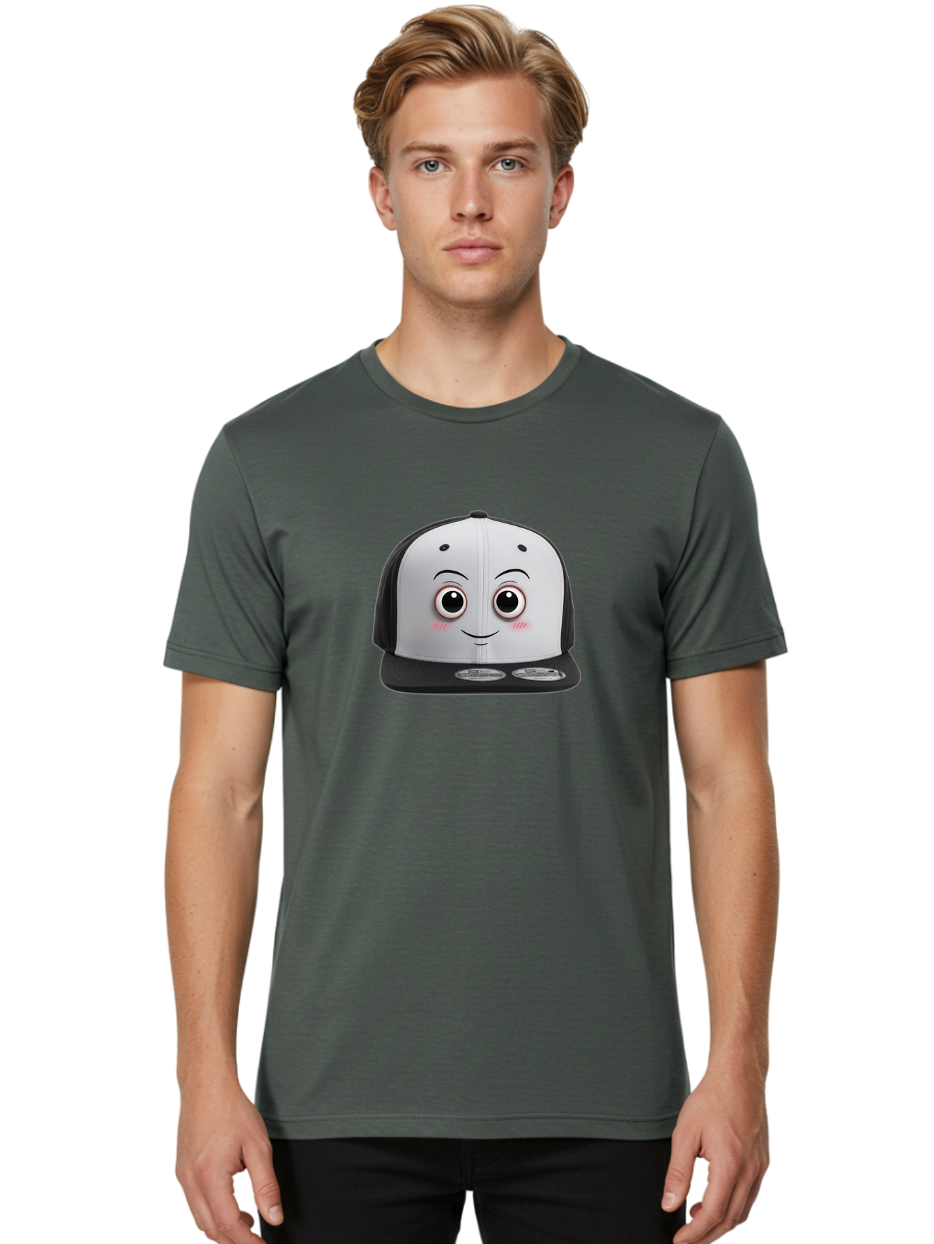 Smiling-Hat Men'S Graphic Tee, 100% Cotton, Comfortable Casual Summer Wear, Machine Washable, Thomas The Tank Engine Hat, Train-Themed Apparel, Black And White Baseball Cap, Cartoon Character Hat, Adorable Face, Eye-Catching Design, Bad645