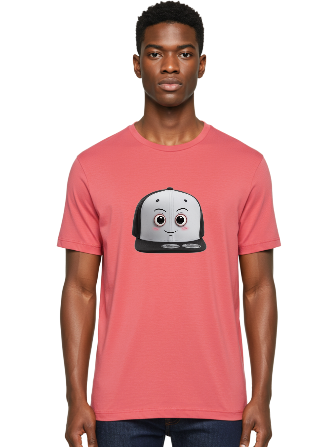 Smiling-Hat Men'S Graphic Tee, 100% Cotton, Comfortable Casual Summer Wear, Machine Washable, Thomas The Tank Engine Hat, Train-Themed Apparel, Black And White Baseball Cap, Cartoon Character Hat, Adorable Face, Eye-Catching Design, Bad645