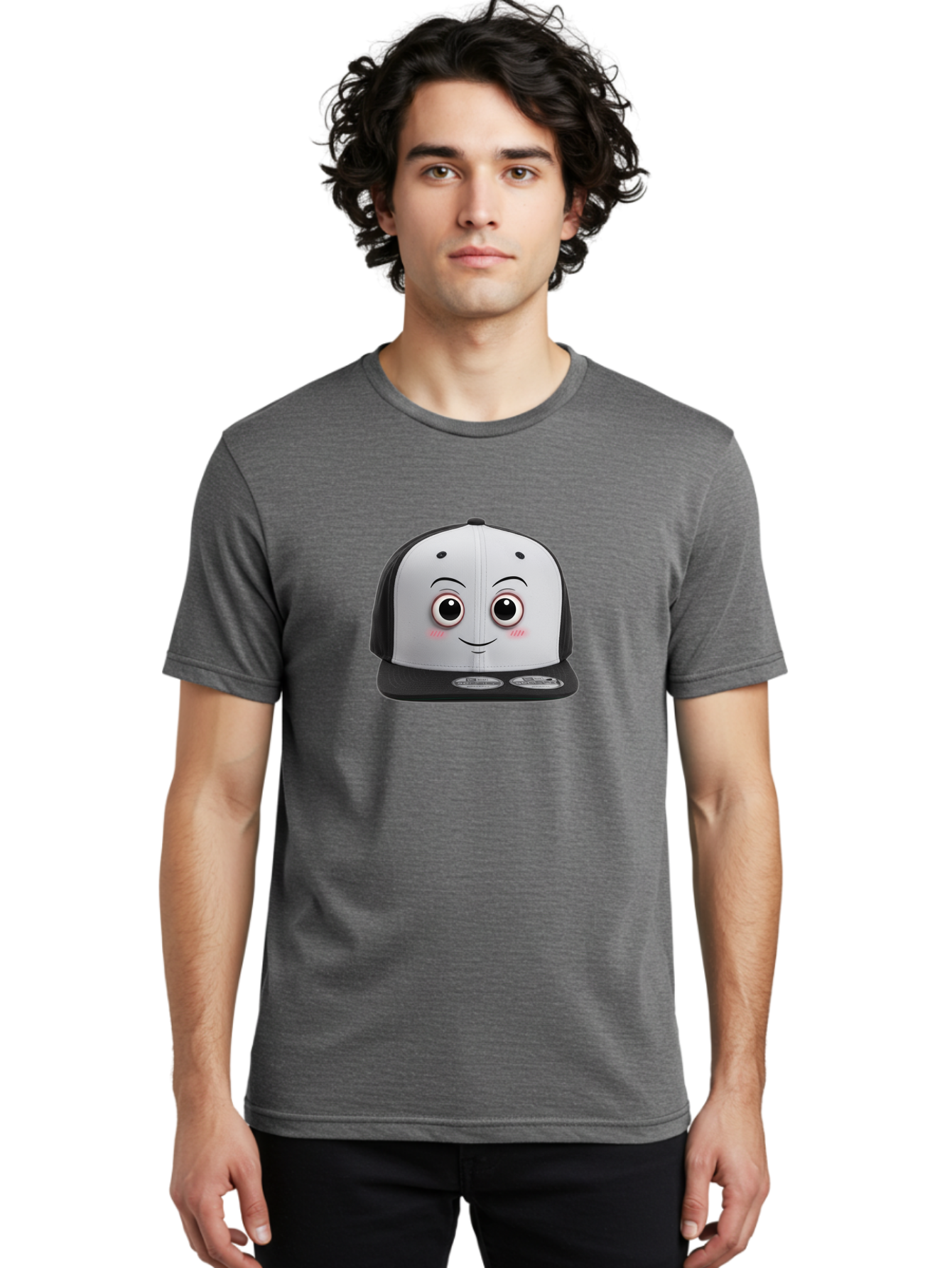 Smiling-Hat Men'S Graphic Tee, 100% Cotton, Comfortable Casual Summer Wear, Machine Washable, Thomas The Tank Engine Hat, Train-Themed Apparel, Black And White Baseball Cap, Cartoon Character Hat, Adorable Face, Eye-Catching Design, Bad645