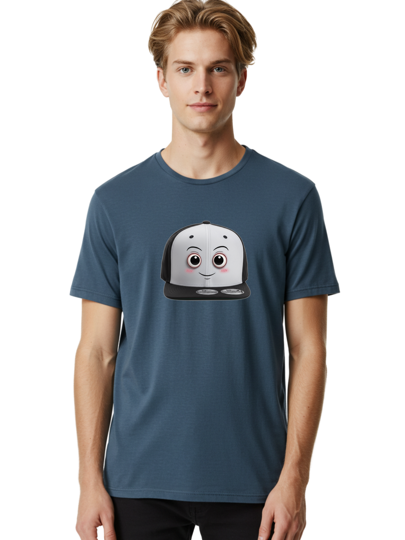 Smiling-Hat Men'S Graphic Tee, 100% Cotton, Comfortable Casual Summer Wear, Machine Washable, Thomas The Tank Engine Hat, Train-Themed Apparel, Black And White Baseball Cap, Cartoon Character Hat, Adorable Face, Eye-Catching Design, Bad645
