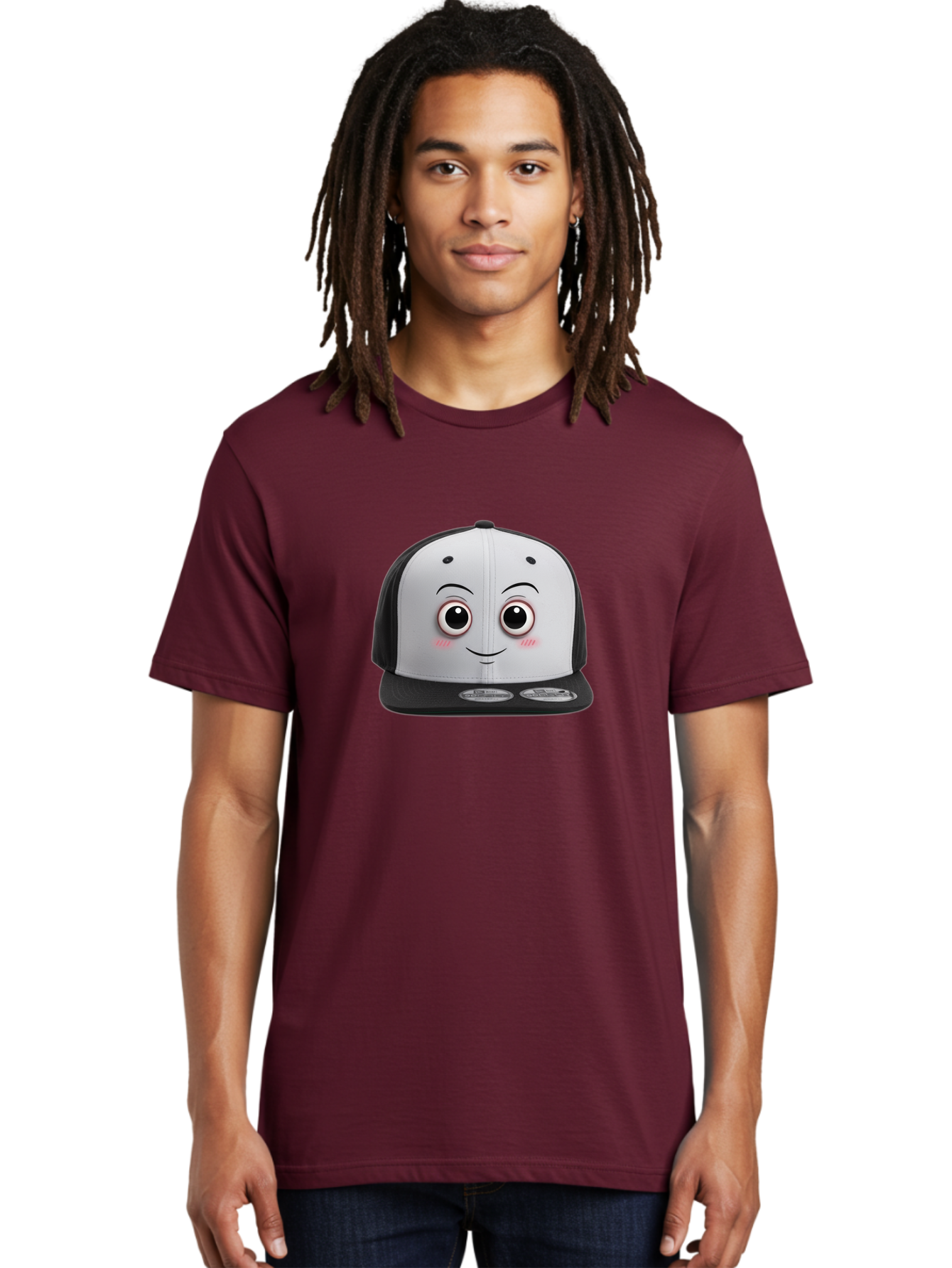 Smiling-Hat Men'S Graphic Tee, 100% Cotton, Comfortable Casual Summer Wear, Machine Washable, Thomas The Tank Engine Hat, Train-Themed Apparel, Black And White Baseball Cap, Cartoon Character Hat, Adorable Face, Eye-Catching Design, Bad645