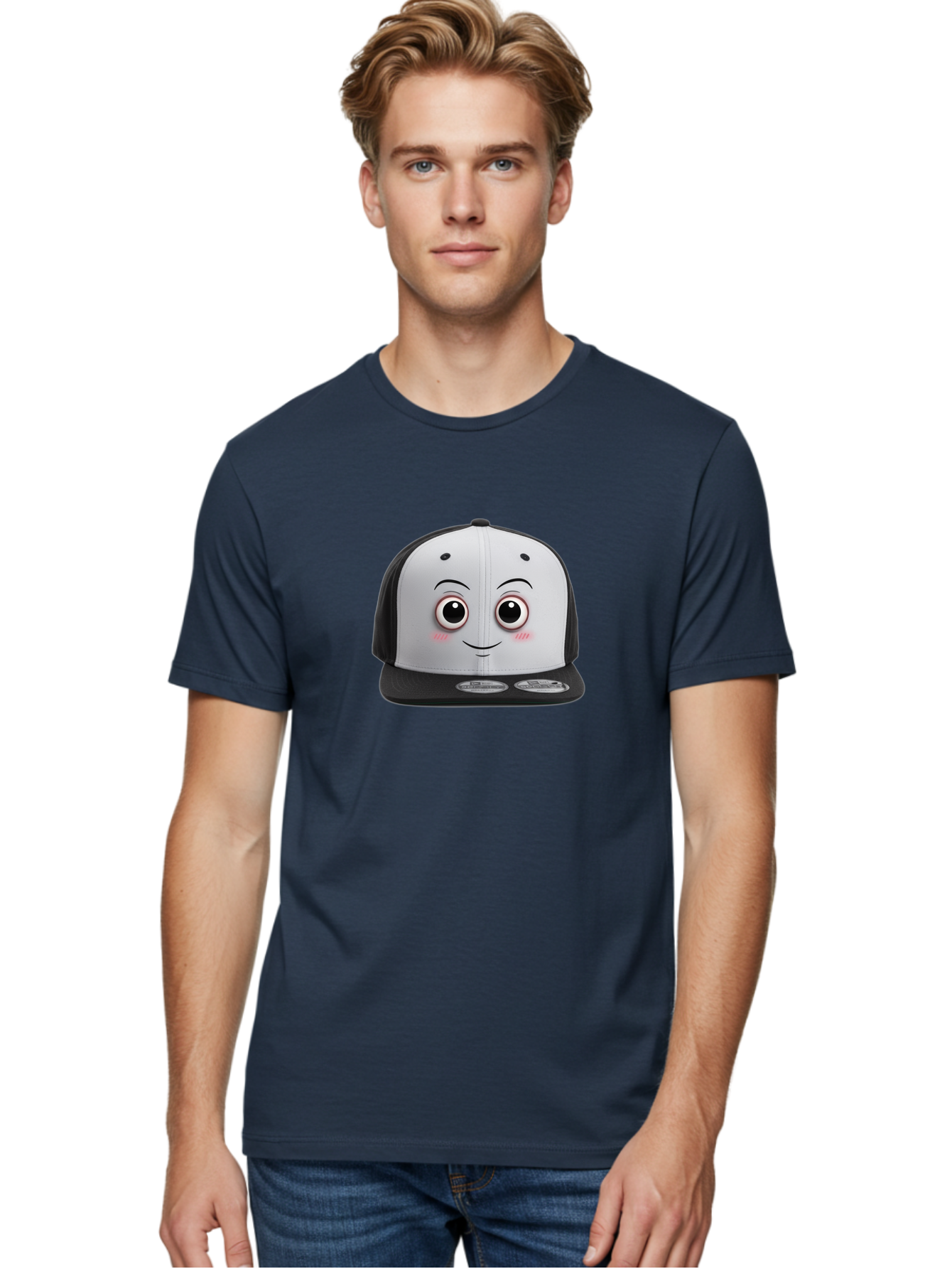 Smiling-Hat Men'S Graphic Tee, 100% Cotton, Comfortable Casual Summer Wear, Machine Washable, Thomas The Tank Engine Hat, Train-Themed Apparel, Black And White Baseball Cap, Cartoon Character Hat, Adorable Face, Eye-Catching Design, Bad645