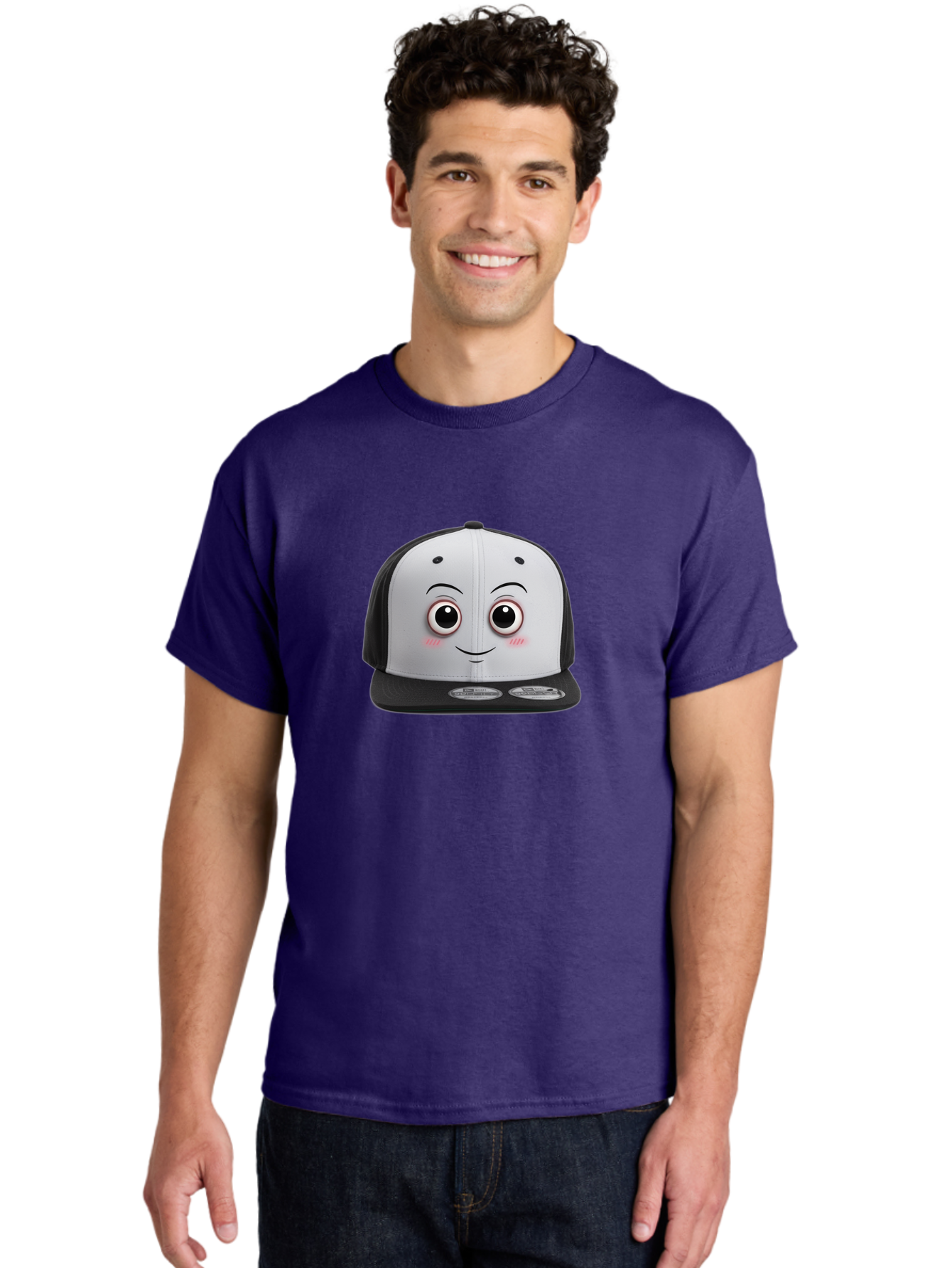 Smiling-Hat Men'S Graphic Tee, 100% Cotton, Comfortable Casual Summer Wear, Machine Washable, Thomas The Tank Engine Hat, Train-Themed Apparel, Black And White Baseball Cap, Cartoon Character Hat, Adorable Face, Eye-Catching Design, Bad645