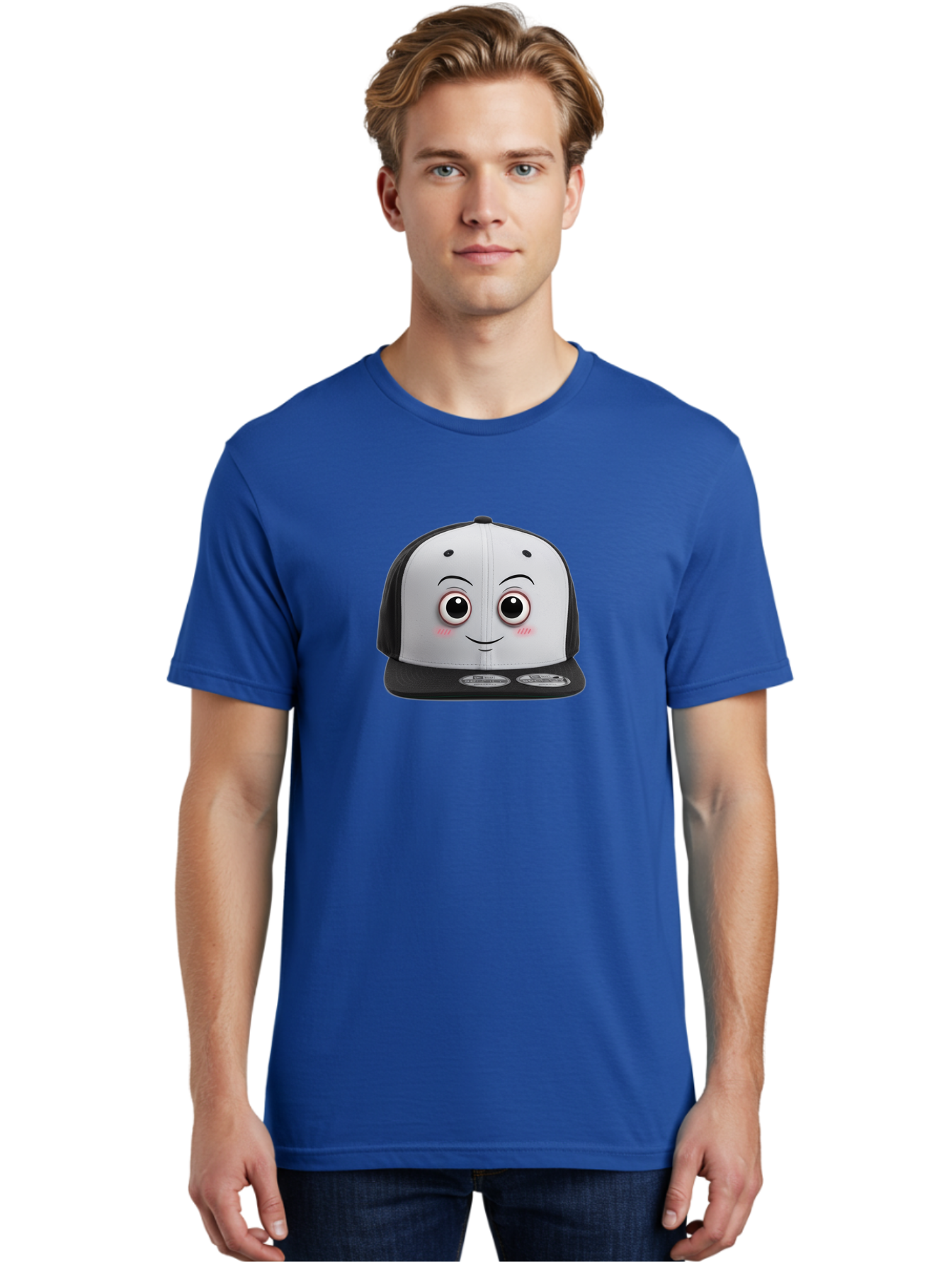 Smiling-Hat Men'S Graphic Tee, 100% Cotton, Comfortable Casual Summer Wear, Machine Washable, Thomas The Tank Engine Hat, Train-Themed Apparel, Black And White Baseball Cap, Cartoon Character Hat, Adorable Face, Eye-Catching Design, Bad645