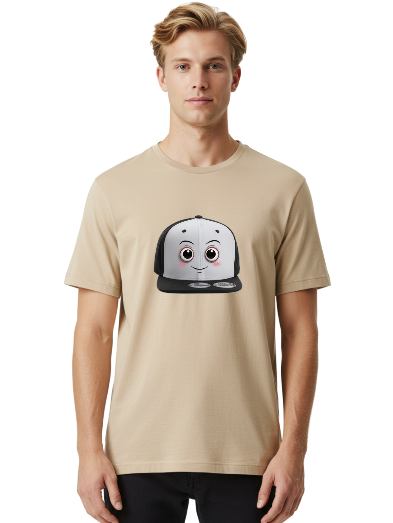 Smiling-Hat Men'S Graphic Tee, 100% Cotton, Comfortable Casual Summer Wear, Machine Washable, Thomas The Tank Engine Hat, Train-Themed Apparel, Black And White Baseball Cap, Cartoon Character Hat, Adorable Face, Eye-Catching Design, Bad645