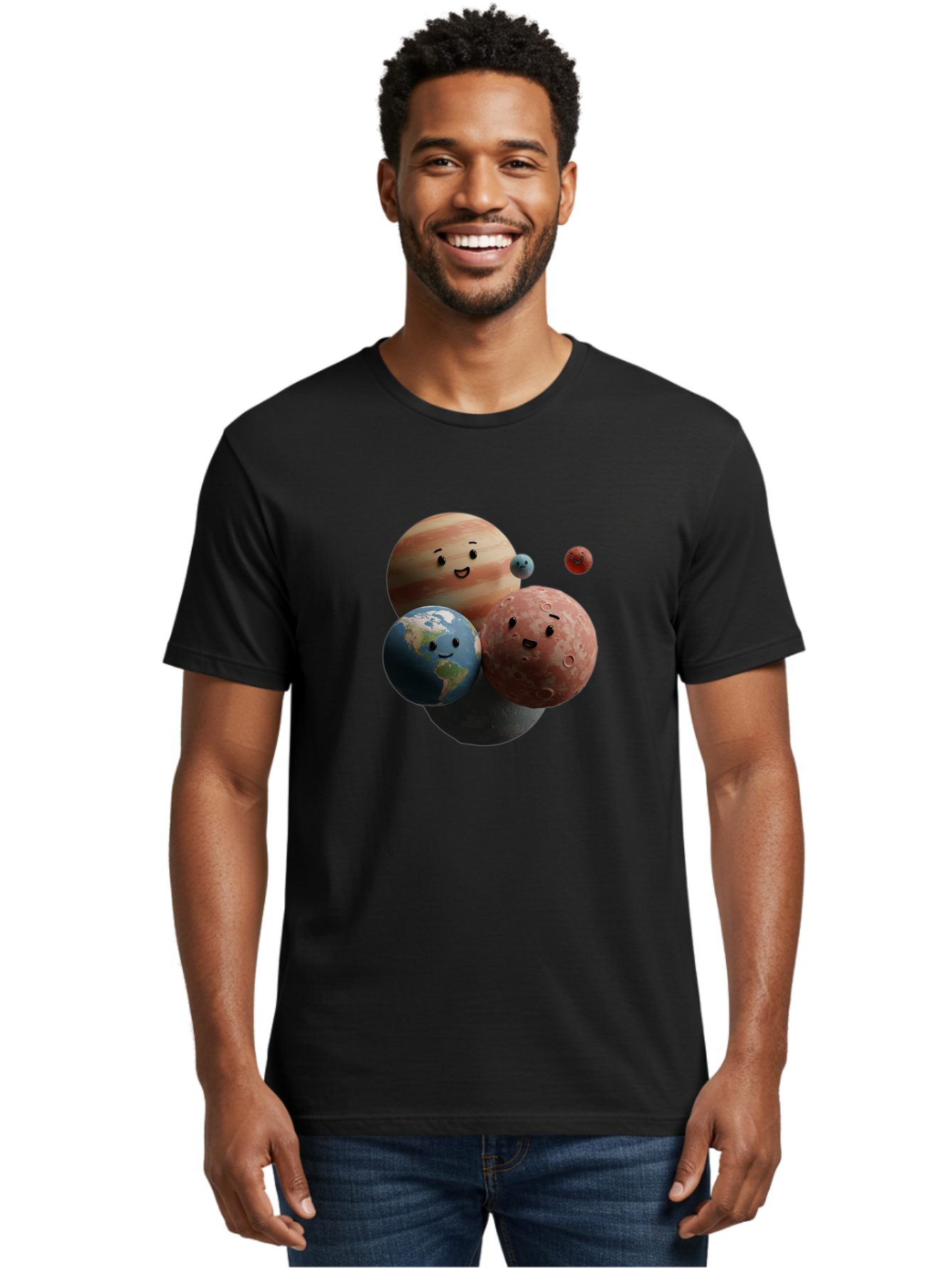 Smiling-Planets Men'S Graphic Tee, 100% Cotton, Comfortable Casual Summer Wear, Machine Washable, Cartoon Planets, Smiling Faces, Jupiter, Earth, Mars, Space, Solar System, Astronomy, Celestial Bodies, Fantasy, Illustration Bad647