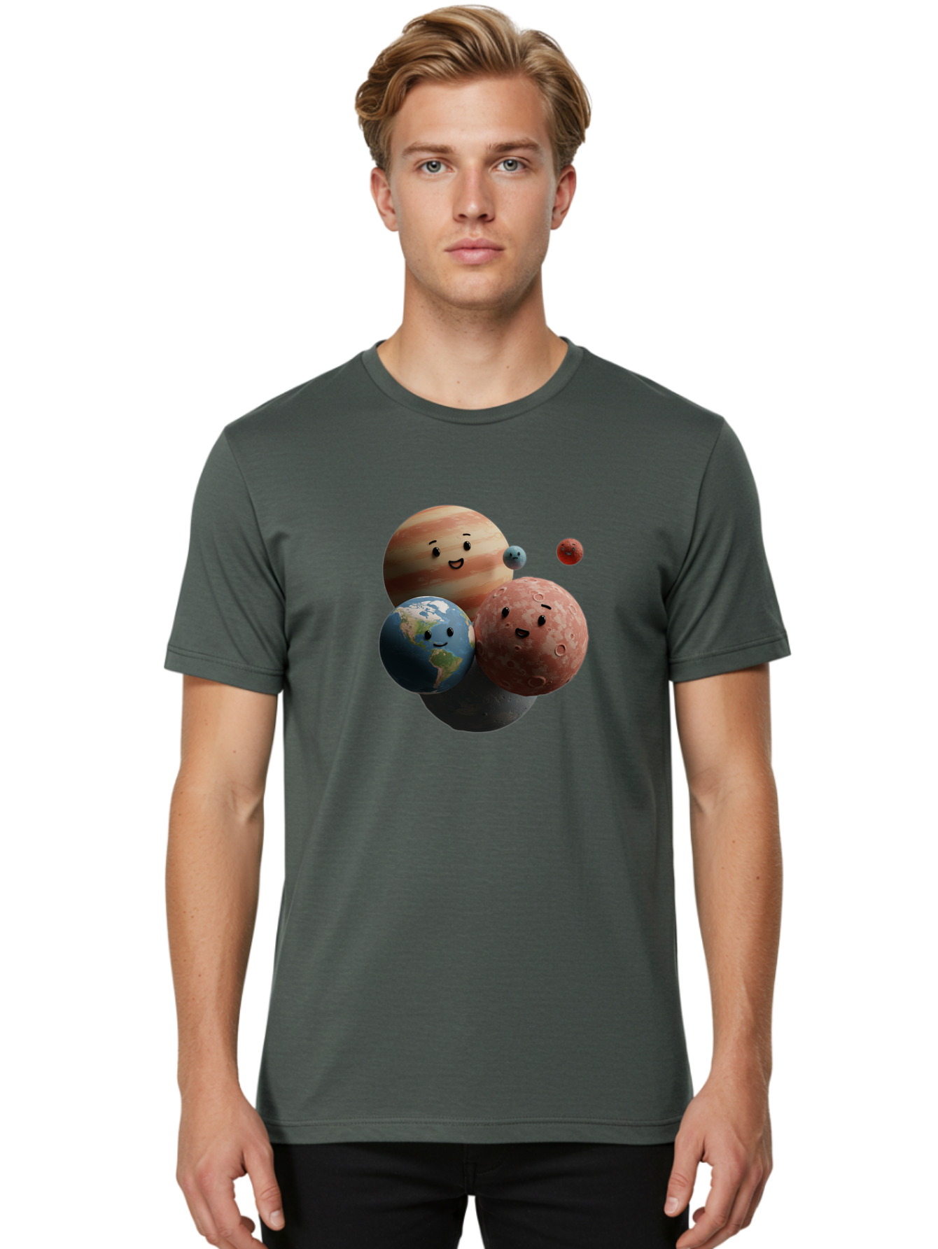 Smiling-Planets Men'S Graphic Tee, 100% Cotton, Comfortable Casual Summer Wear, Machine Washable, Cartoon Planets, Smiling Faces, Jupiter, Earth, Mars, Space, Solar System, Astronomy, Celestial Bodies, Fantasy, Illustration Bad647