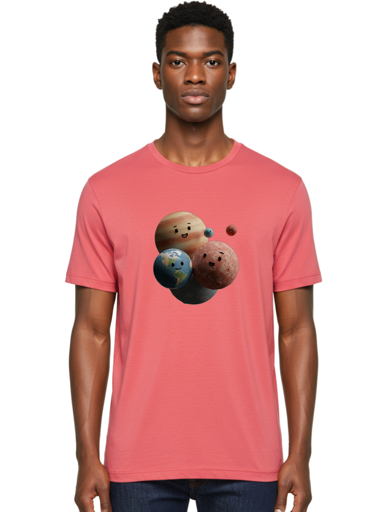 Smiling-Planets Men'S Graphic Tee, 100% Cotton, Comfortable Casual Summer Wear, Machine Washable, Cartoon Planets, Smiling Faces, Jupiter, Earth, Mars, Space, Solar System, Astronomy, Celestial Bodies, Fantasy, Illustration Bad647