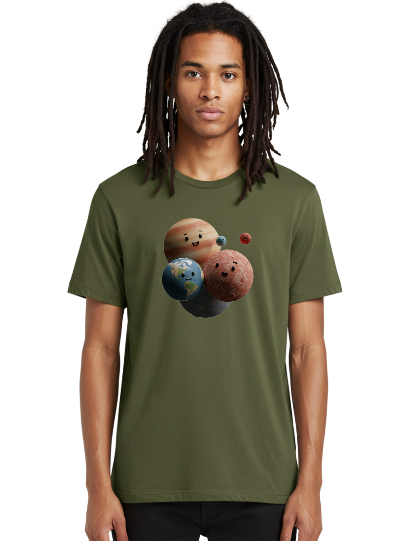 Smiling-Planets Men'S Graphic Tee, 100% Cotton, Comfortable Casual Summer Wear, Machine Washable, Cartoon Planets, Smiling Faces, Jupiter, Earth, Mars, Space, Solar System, Astronomy, Celestial Bodies, Fantasy, Illustration Bad647
