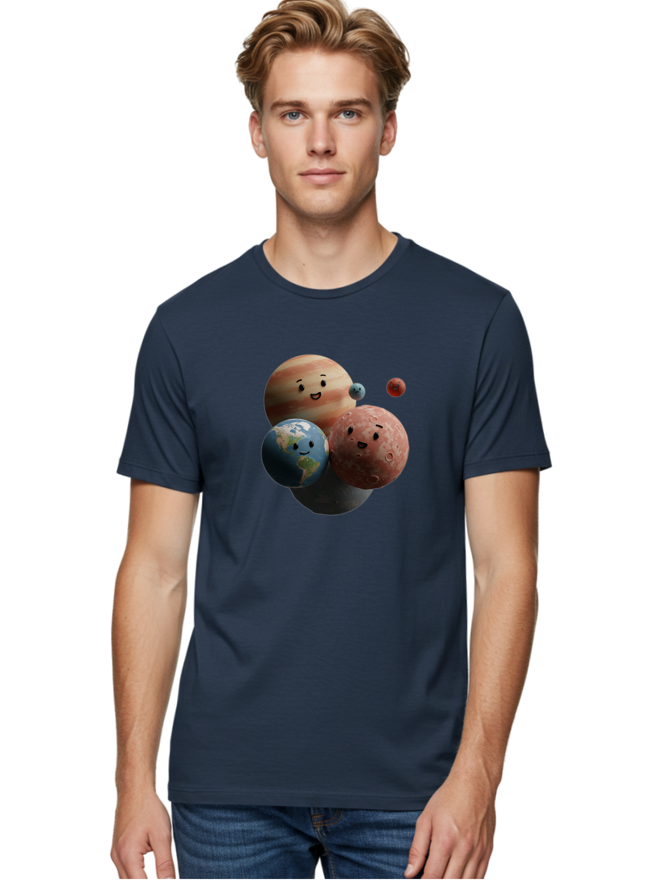 Smiling-Planets Men'S Graphic Tee, 100% Cotton, Comfortable Casual Summer Wear, Machine Washable, Cartoon Planets, Smiling Faces, Jupiter, Earth, Mars, Space, Solar System, Astronomy, Celestial Bodies, Fantasy, Illustration Bad647