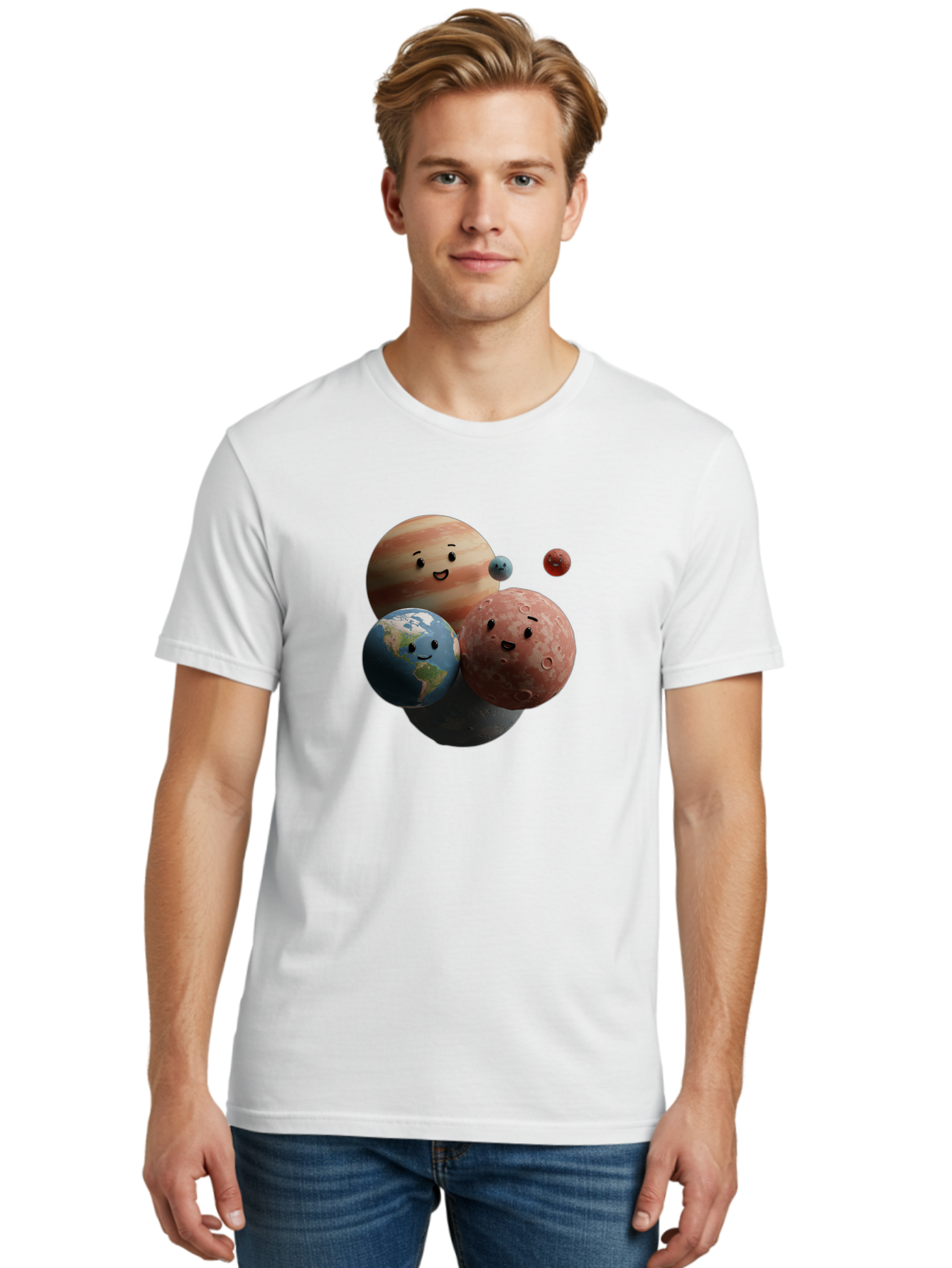 Smiling-Planets Men'S Graphic Tee, 100% Cotton, Comfortable Casual Summer Wear, Machine Washable, Cartoon Planets, Smiling Faces, Jupiter, Earth, Mars, Space, Solar System, Astronomy, Celestial Bodies, Fantasy, Illustration Bad647