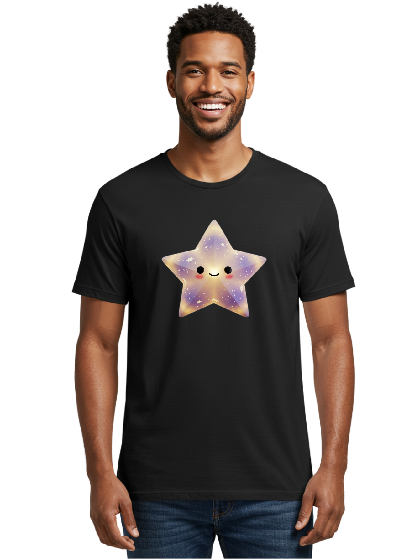 Smiling-Star Men'S Graphic Tee, 100% Cotton, Comfortable Casual Summer Wear, Machine Washable, Smiling Face, Cute Star, Kawaii Character, Cartoon Star, Galaxy-Inspired Design, Pastel Colors, Rosy Cheeks, Friendly Expression, Bad649