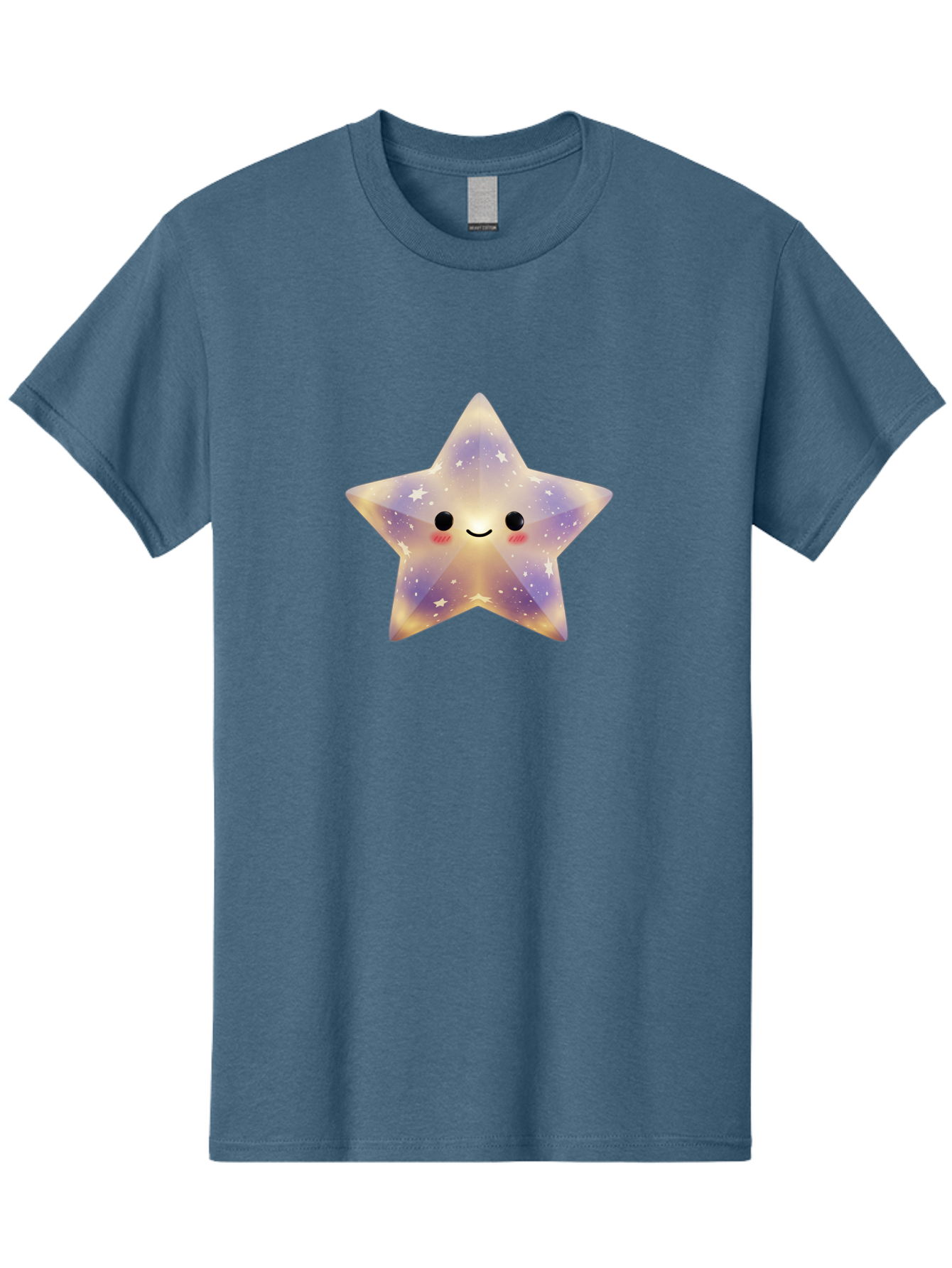 Smiling-Star Men'S Graphic Tee, 100% Cotton, Comfortable Casual Summer Wear, Machine Washable, Smiling Face, Cute Star, Kawaii Character, Cartoon Star, Galaxy-Inspired Design, Pastel Colors, Rosy Cheeks, Friendly Expression, Bad649