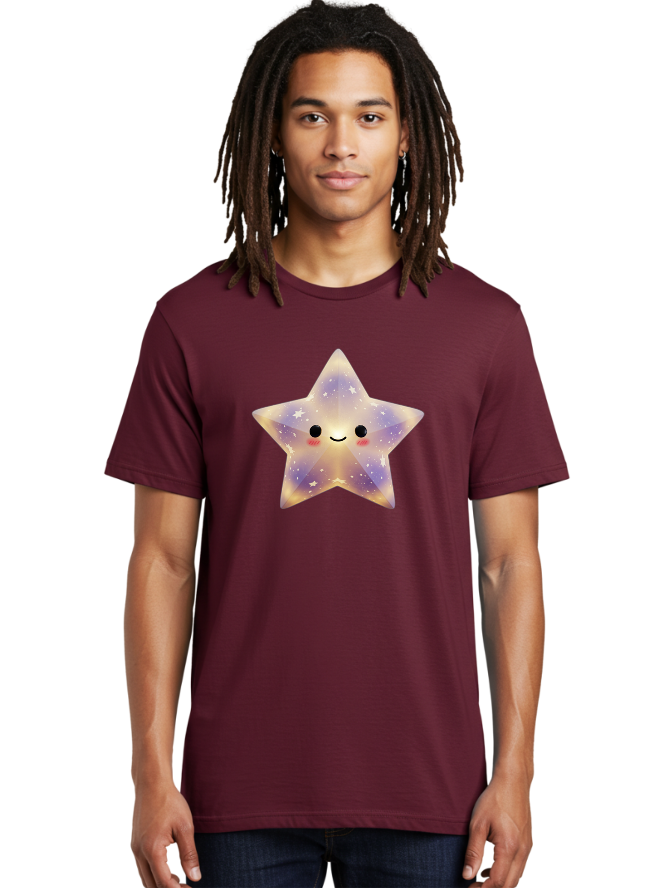 Smiling-Star Men'S Graphic Tee, 100% Cotton, Comfortable Casual Summer Wear, Machine Washable, Smiling Face, Cute Star, Kawaii Character, Cartoon Star, Galaxy-Inspired Design, Pastel Colors, Rosy Cheeks, Friendly Expression, Bad649