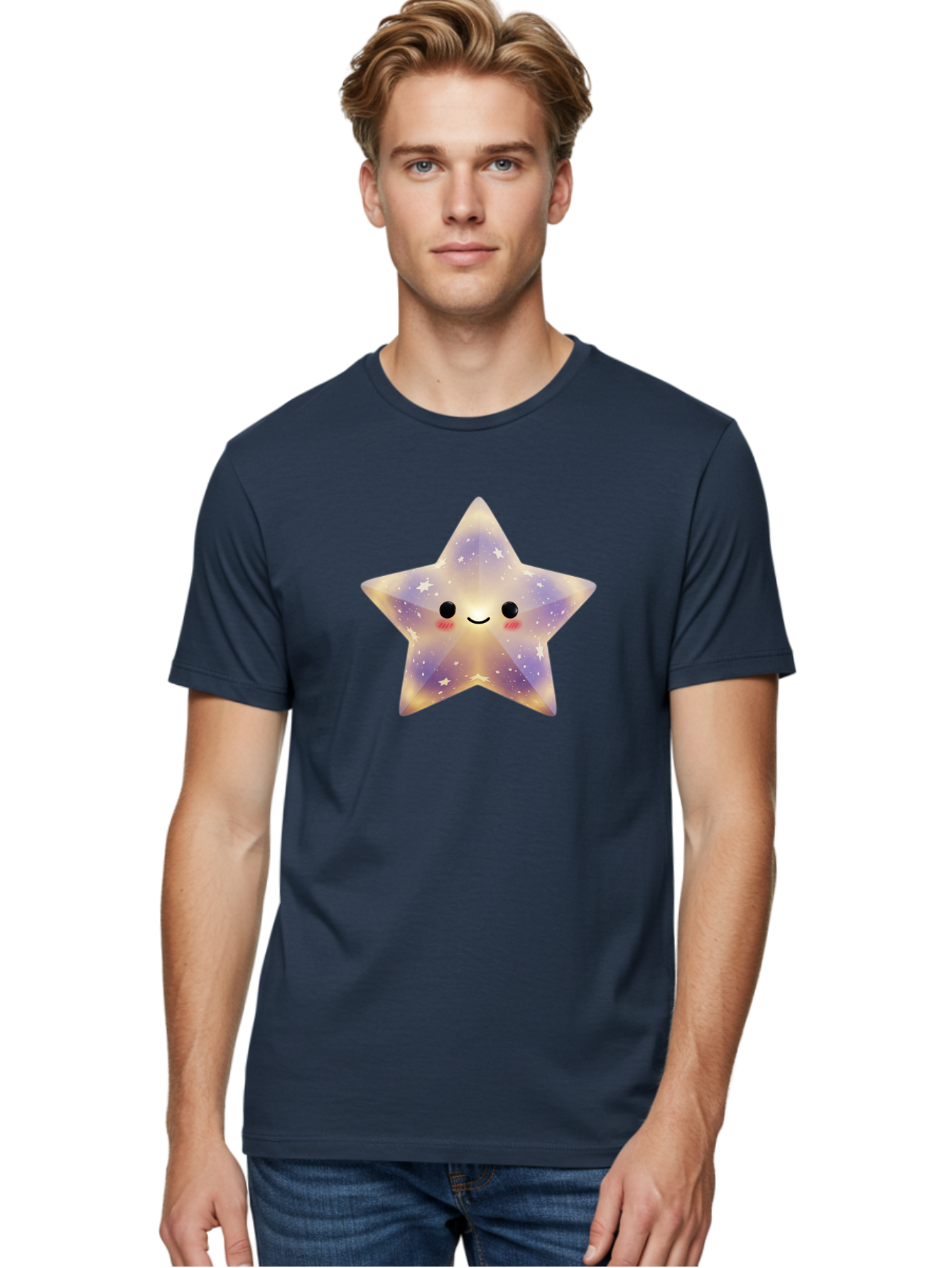 Smiling-Star Men'S Graphic Tee, 100% Cotton, Comfortable Casual Summer Wear, Machine Washable, Smiling Face, Cute Star, Kawaii Character, Cartoon Star, Galaxy-Inspired Design, Pastel Colors, Rosy Cheeks, Friendly Expression, Bad649