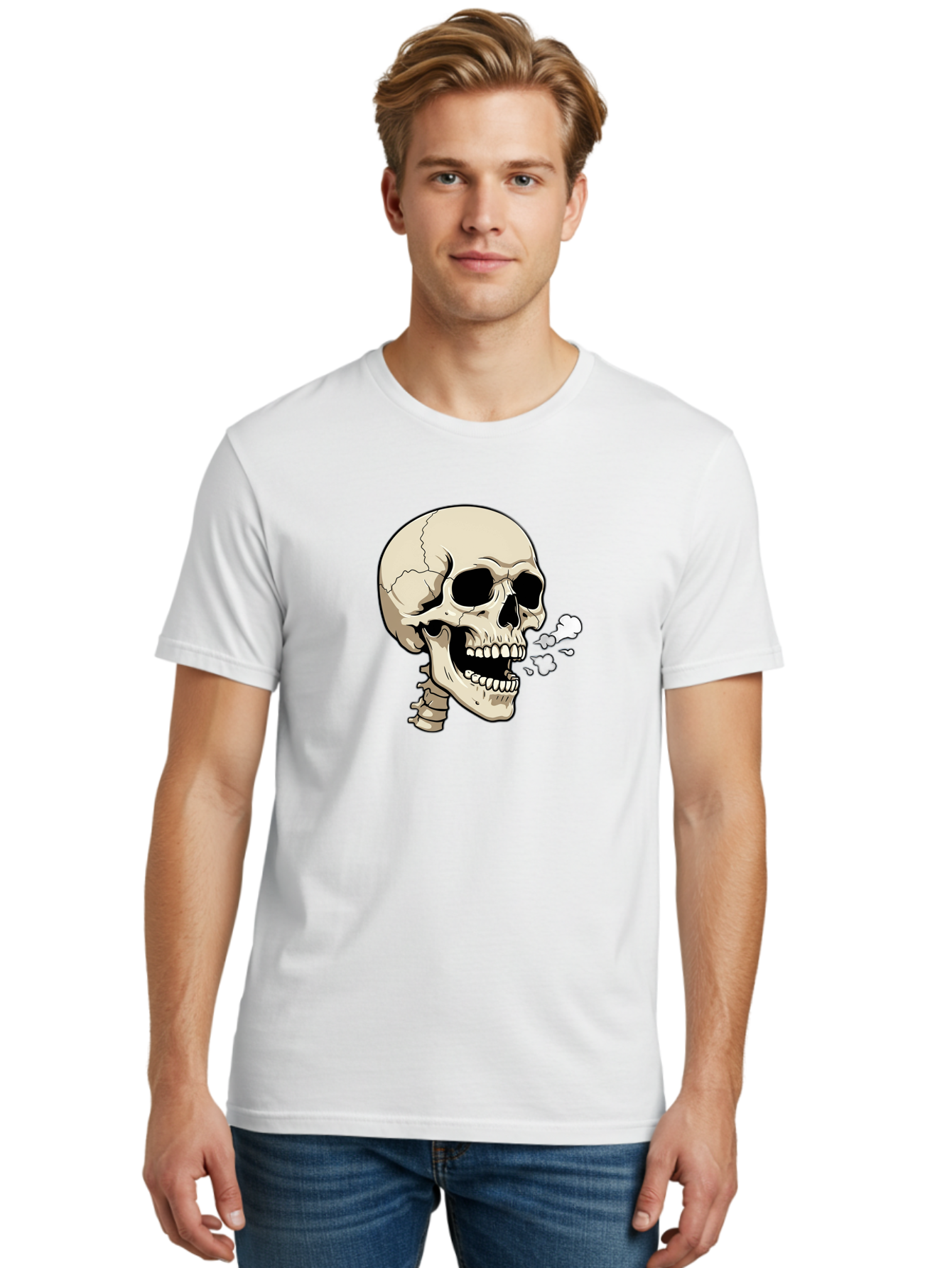 Smoking-Skull Men'S Graphic Tee, 100% Cotton, Comfortable Casual Summer Wear, Machine Washable, Skull Smoking Weed, Cannabis Culture, Humorous Illustration, Edgy Art, Smoking Skull, Weed Culture, Cartoon Skull Bad650