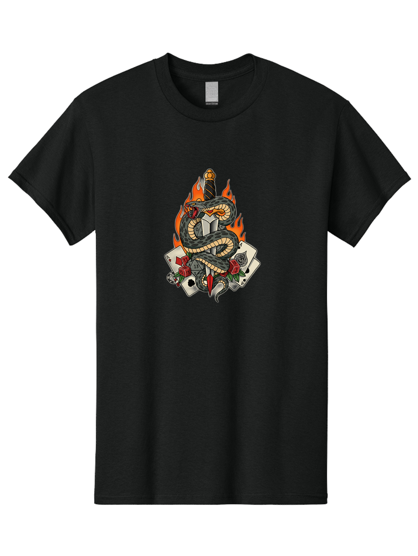 Snake-Dagger-Tattoo Men'S Graphic Tee, 100% Cotton, Comfortable Casual Summer Wear, Machine Washable, Snake Wrapped Dagger, Playing Cards, Red Dice, Skull, Flames, Tattoo Art, Traditional Tattoo, Bold Lines, Vibrant Colors, Dagger With Snake, Bad651