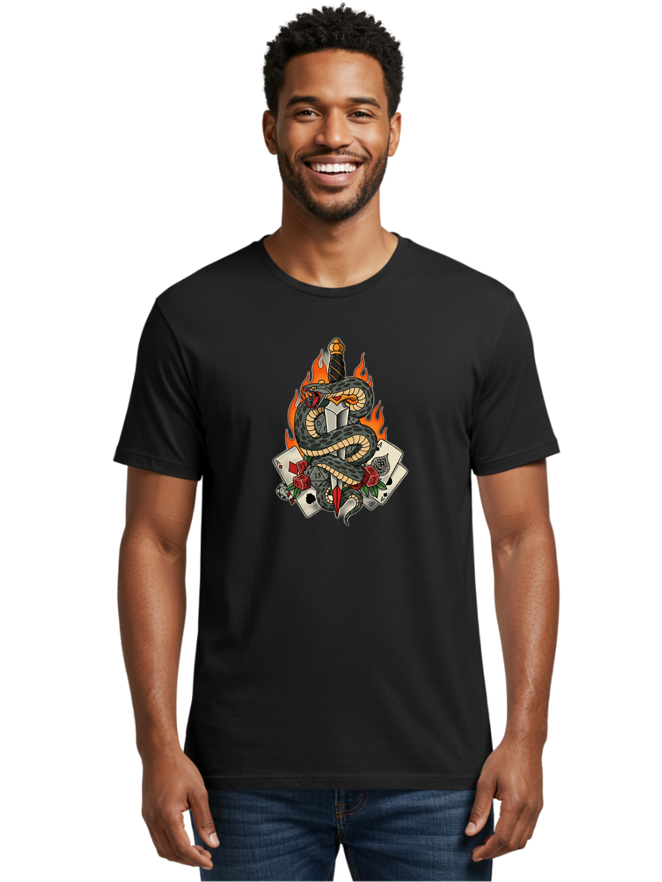 Snake-Dagger-Tattoo Men'S Graphic Tee, 100% Cotton, Comfortable Casual Summer Wear, Machine Washable, Snake Wrapped Dagger, Playing Cards, Red Dice, Skull, Flames, Tattoo Art, Traditional Tattoo, Bold Lines, Vibrant Colors, Dagger With Snake, Bad651