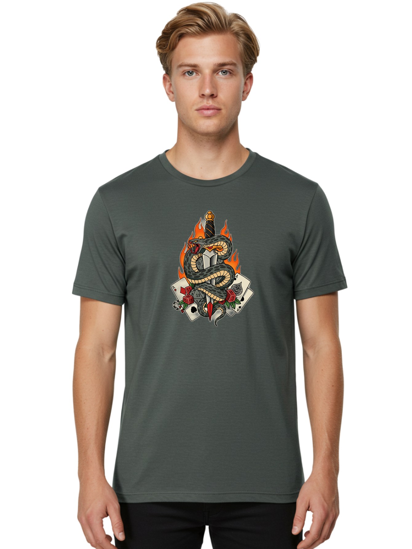Snake-Dagger-Tattoo Men'S Graphic Tee, 100% Cotton, Comfortable Casual Summer Wear, Machine Washable, Snake Wrapped Dagger, Playing Cards, Red Dice, Skull, Flames, Tattoo Art, Traditional Tattoo, Bold Lines, Vibrant Colors, Dagger With Snake, Bad651