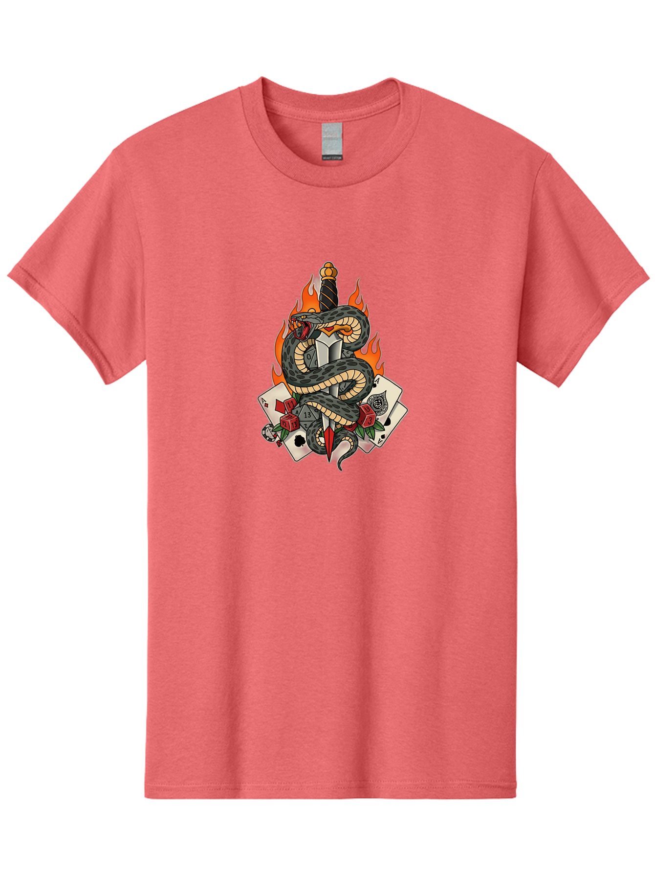 Snake-Dagger-Tattoo Men'S Graphic Tee, 100% Cotton, Comfortable Casual Summer Wear, Machine Washable, Snake Wrapped Dagger, Playing Cards, Red Dice, Skull, Flames, Tattoo Art, Traditional Tattoo, Bold Lines, Vibrant Colors, Dagger With Snake, Bad651