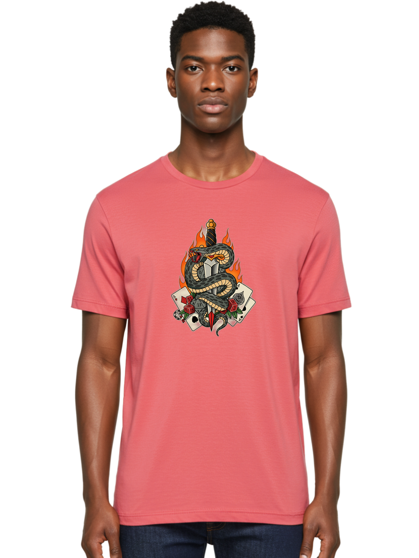 Snake-Dagger-Tattoo Men'S Graphic Tee, 100% Cotton, Comfortable Casual Summer Wear, Machine Washable, Snake Wrapped Dagger, Playing Cards, Red Dice, Skull, Flames, Tattoo Art, Traditional Tattoo, Bold Lines, Vibrant Colors, Dagger With Snake, Bad651