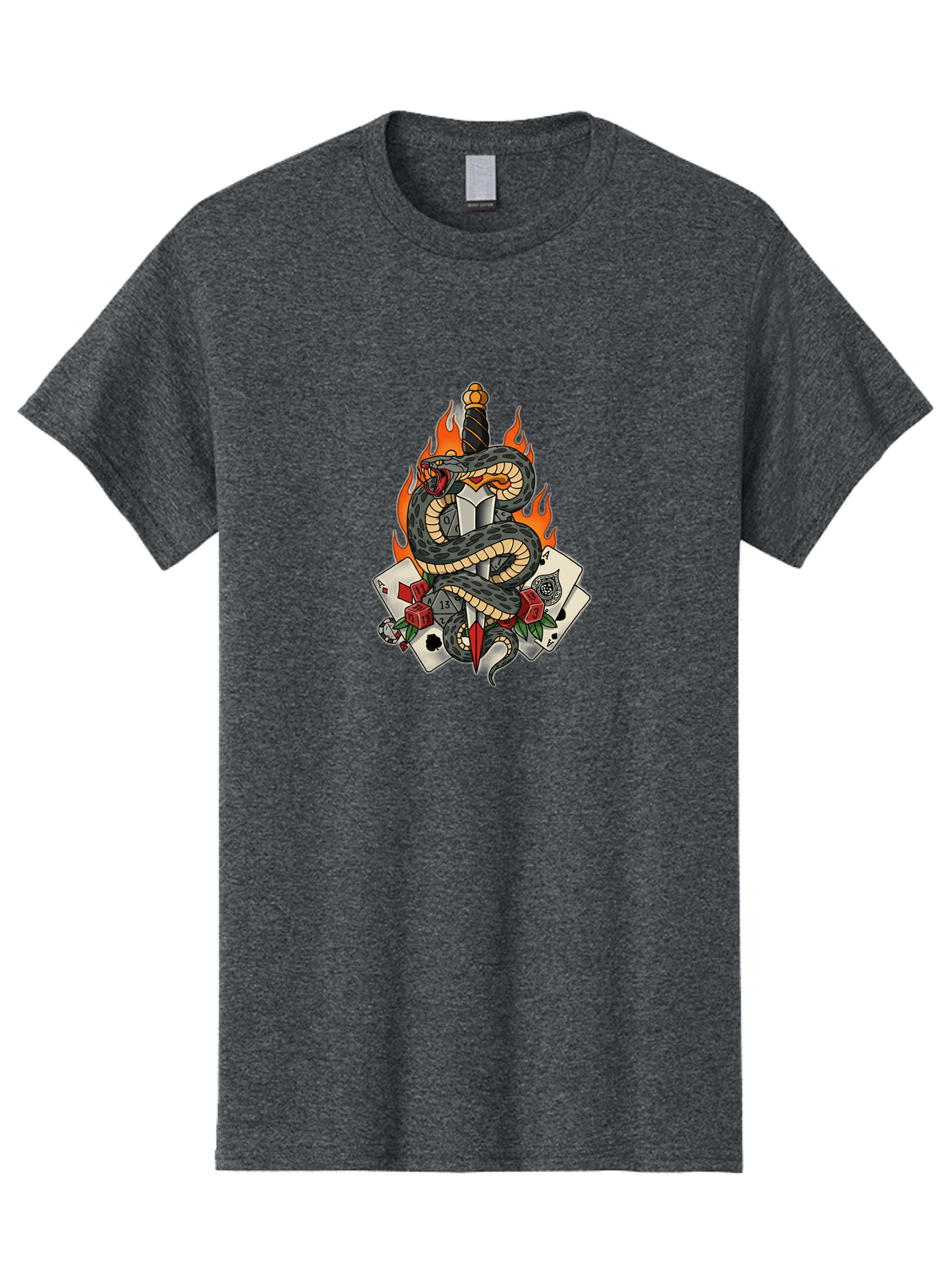Snake-Dagger-Tattoo Men'S Graphic Tee, 100% Cotton, Comfortable Casual Summer Wear, Machine Washable, Snake Wrapped Dagger, Playing Cards, Red Dice, Skull, Flames, Tattoo Art, Traditional Tattoo, Bold Lines, Vibrant Colors, Dagger With Snake, Bad651