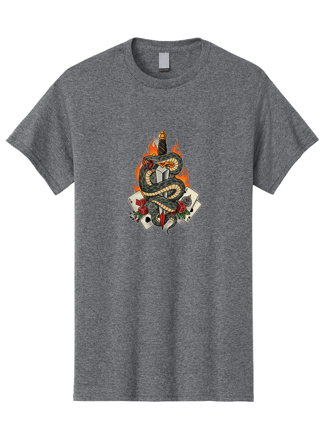 Snake-Dagger-Tattoo Men'S Graphic Tee, 100% Cotton, Comfortable Casual Summer Wear, Machine Washable, Snake Wrapped Dagger, Playing Cards, Red Dice, Skull, Flames, Tattoo Art, Traditional Tattoo, Bold Lines, Vibrant Colors, Dagger With Snake, Bad651