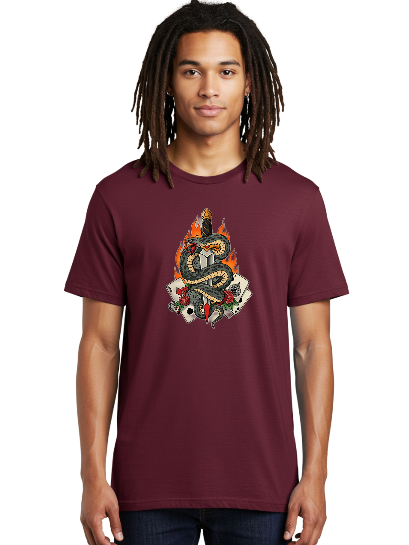 Snake-Dagger-Tattoo Men'S Graphic Tee, 100% Cotton, Comfortable Casual Summer Wear, Machine Washable, Snake Wrapped Dagger, Playing Cards, Red Dice, Skull, Flames, Tattoo Art, Traditional Tattoo, Bold Lines, Vibrant Colors, Dagger With Snake, Bad651