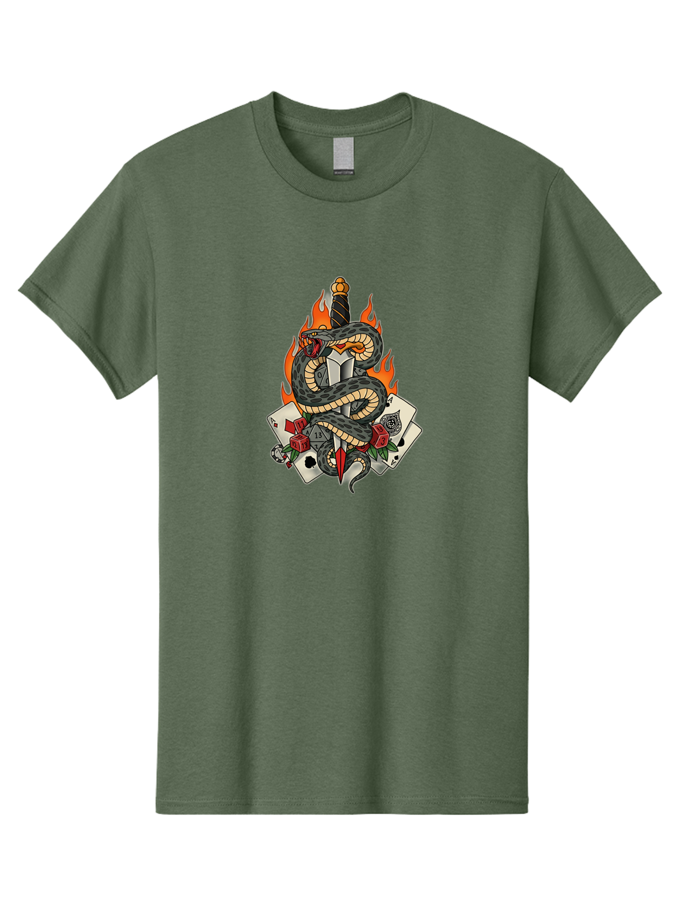 Snake-Dagger-Tattoo Men'S Graphic Tee, 100% Cotton, Comfortable Casual Summer Wear, Machine Washable, Snake Wrapped Dagger, Playing Cards, Red Dice, Skull, Flames, Tattoo Art, Traditional Tattoo, Bold Lines, Vibrant Colors, Dagger With Snake, Bad651
