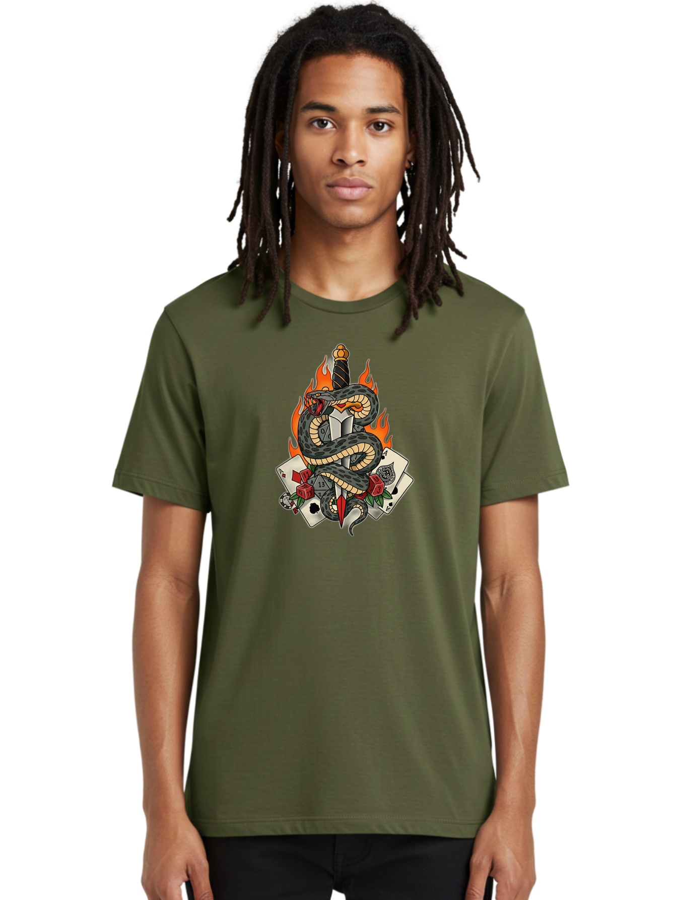 Snake-Dagger-Tattoo Men'S Graphic Tee, 100% Cotton, Comfortable Casual Summer Wear, Machine Washable, Snake Wrapped Dagger, Playing Cards, Red Dice, Skull, Flames, Tattoo Art, Traditional Tattoo, Bold Lines, Vibrant Colors, Dagger With Snake, Bad651