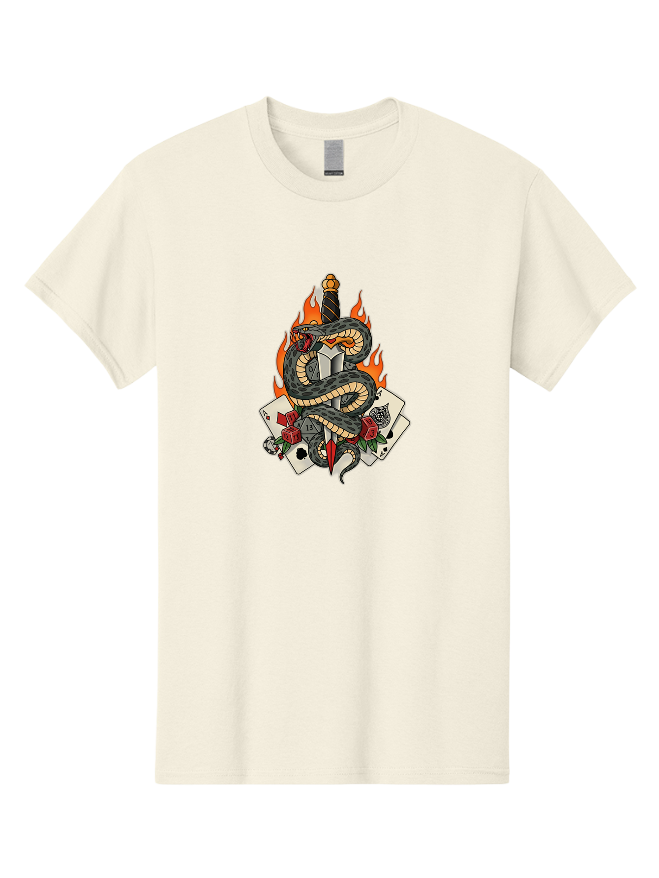 Snake-Dagger-Tattoo Men'S Graphic Tee, 100% Cotton, Comfortable Casual Summer Wear, Machine Washable, Snake Wrapped Dagger, Playing Cards, Red Dice, Skull, Flames, Tattoo Art, Traditional Tattoo, Bold Lines, Vibrant Colors, Dagger With Snake, Bad651