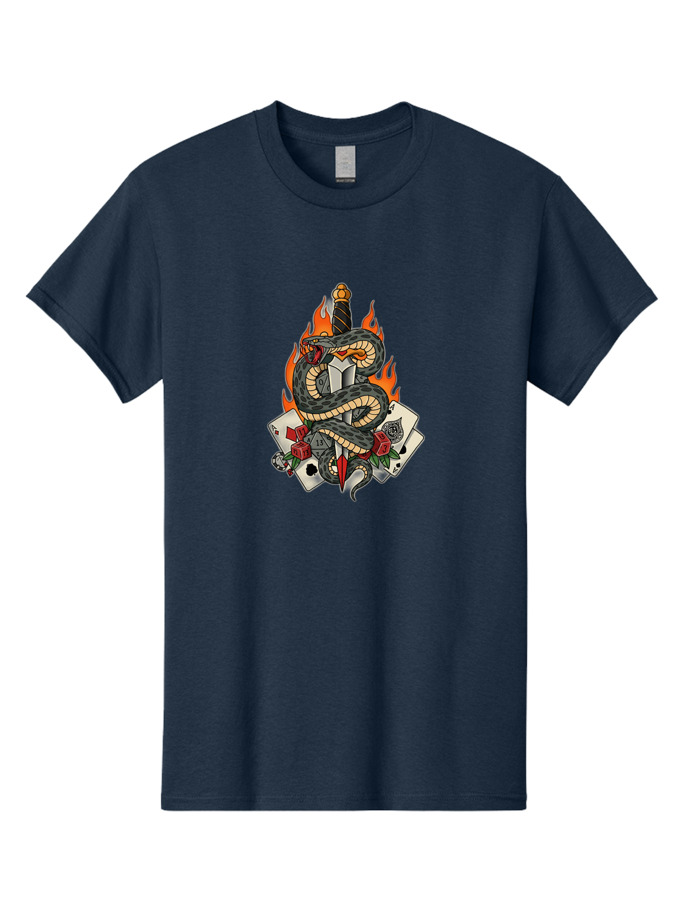 Snake-Dagger-Tattoo Men'S Graphic Tee, 100% Cotton, Comfortable Casual Summer Wear, Machine Washable, Snake Wrapped Dagger, Playing Cards, Red Dice, Skull, Flames, Tattoo Art, Traditional Tattoo, Bold Lines, Vibrant Colors, Dagger With Snake, Bad651
