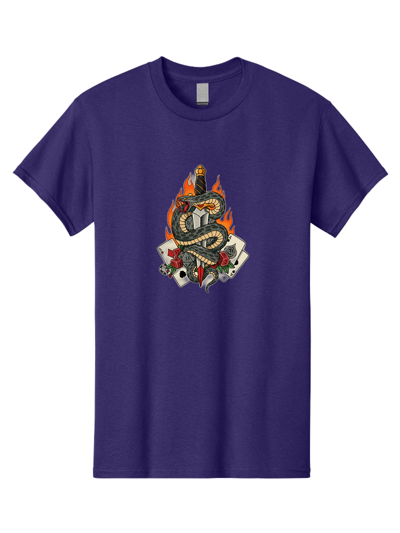 Snake-Dagger-Tattoo Men'S Graphic Tee, 100% Cotton, Comfortable Casual Summer Wear, Machine Washable, Snake Wrapped Dagger, Playing Cards, Red Dice, Skull, Flames, Tattoo Art, Traditional Tattoo, Bold Lines, Vibrant Colors, Dagger With Snake, Bad651
